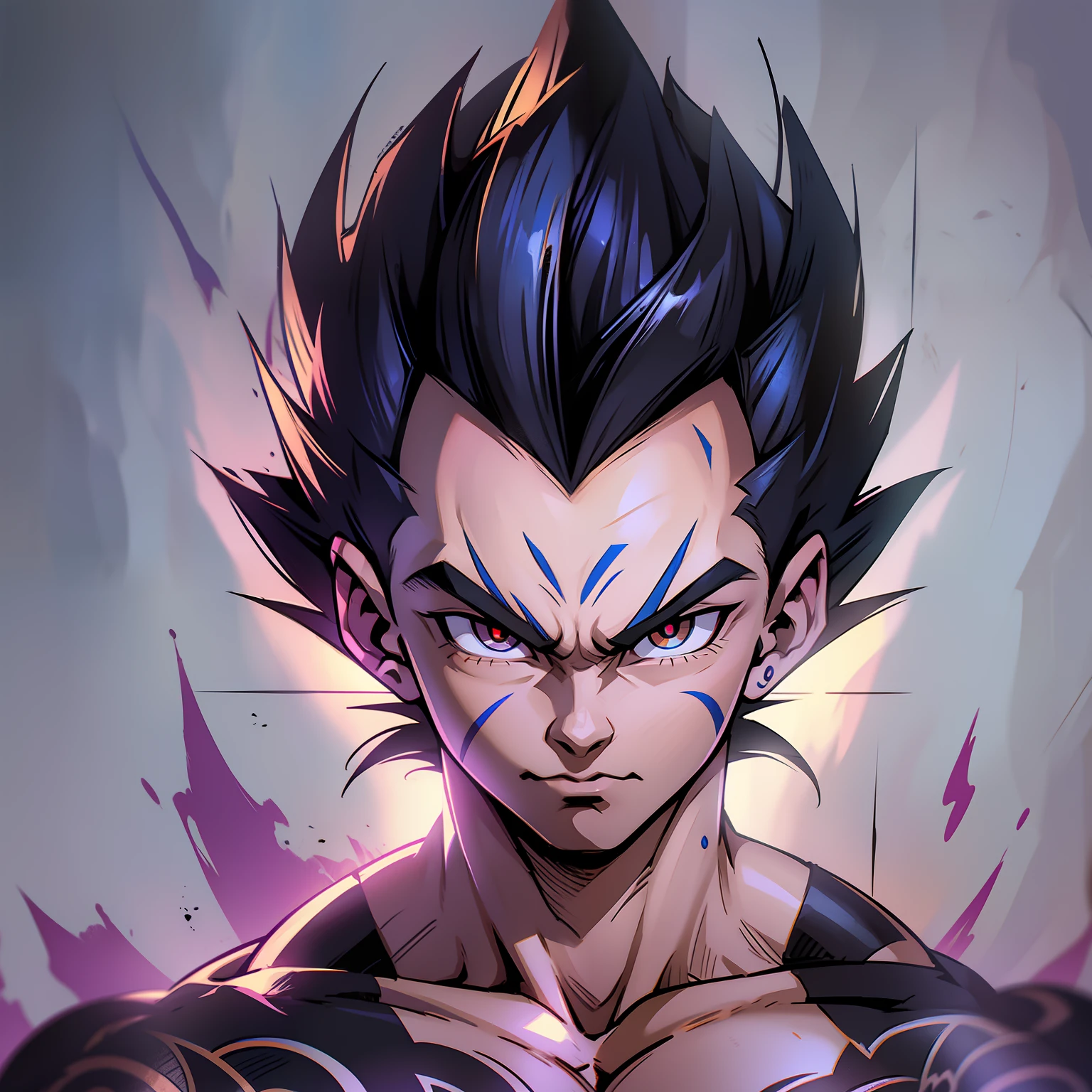 Vegeta from Dragon Ball, neo traditional stylized tattoo, traces of graffiti, thick strokes, drawing, digital painting, 2 dimensions