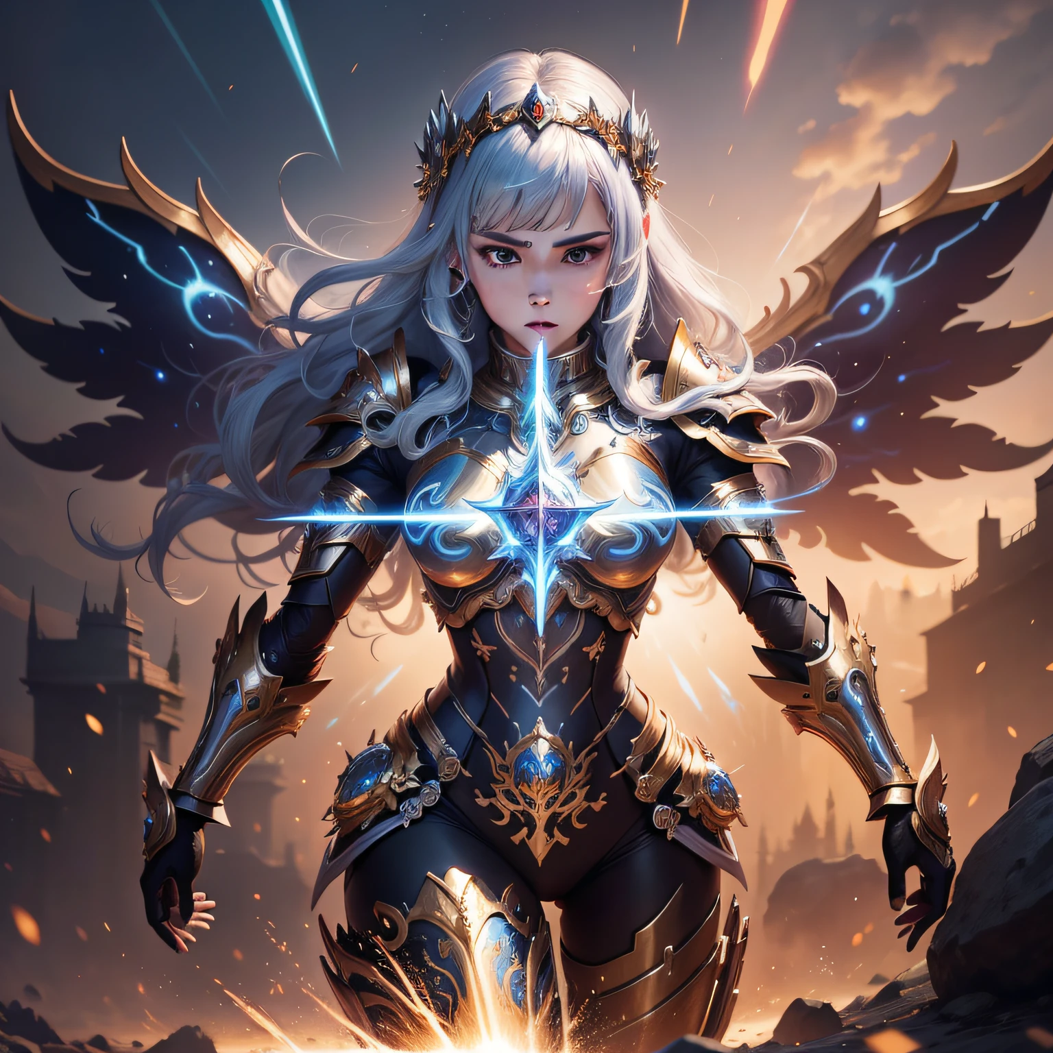 masterpiece,official art,8k, masterpiece, best quality, highly detailed, fantasy, magical, bright colors, shiny metallic armor, intricate designs,

people,precious items:1.2,awakening,mecha transformation,magic symbols,sparkling dust,explosions,glorious battlefield.