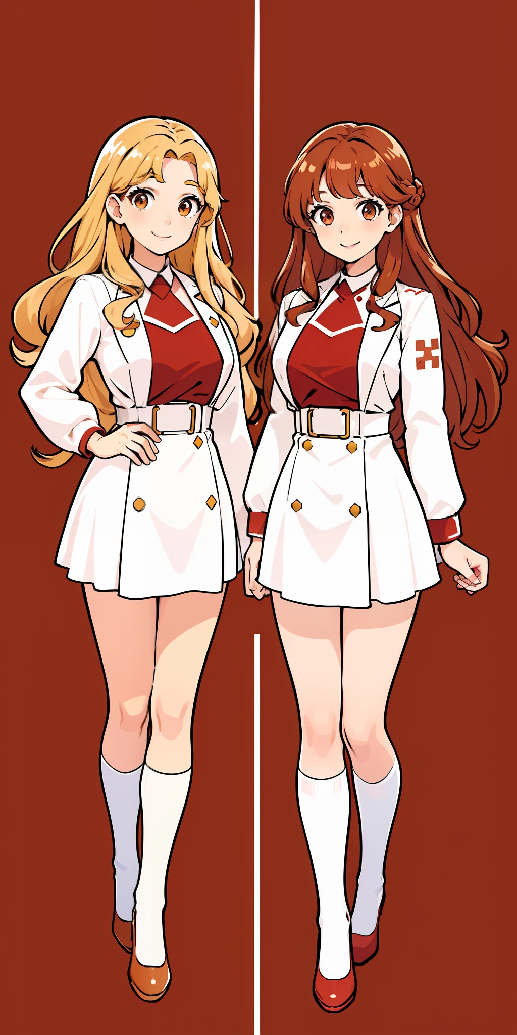 Woman, brown hair, curly hair, long hair, hazel eyes, extremely detailed, smile, nurse uniforms, white uniforms, red high heels, same color outfits, full body shot, ((matching outfits, identical outfits)), brown hair, blonde hair, different hair colors, twin sisters