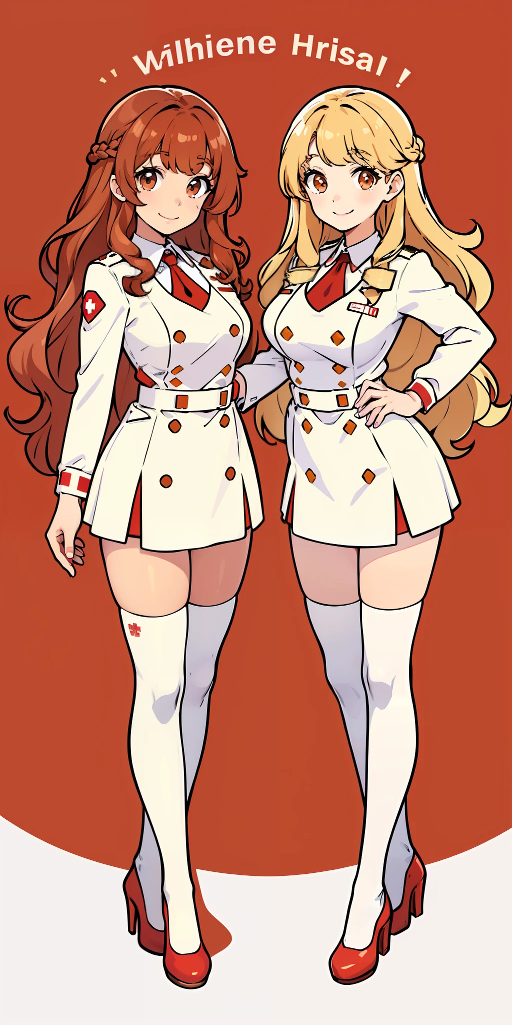 Woman, brown hair, curly hair, long hair, hazel eyes, extremely detailed, smile, nurse uniforms, white uniforms, red high heels, same color outfits, full body shot, ((matching outfits, identical outfits)), brown hair, blonde hair, different hair colors, twin sisters