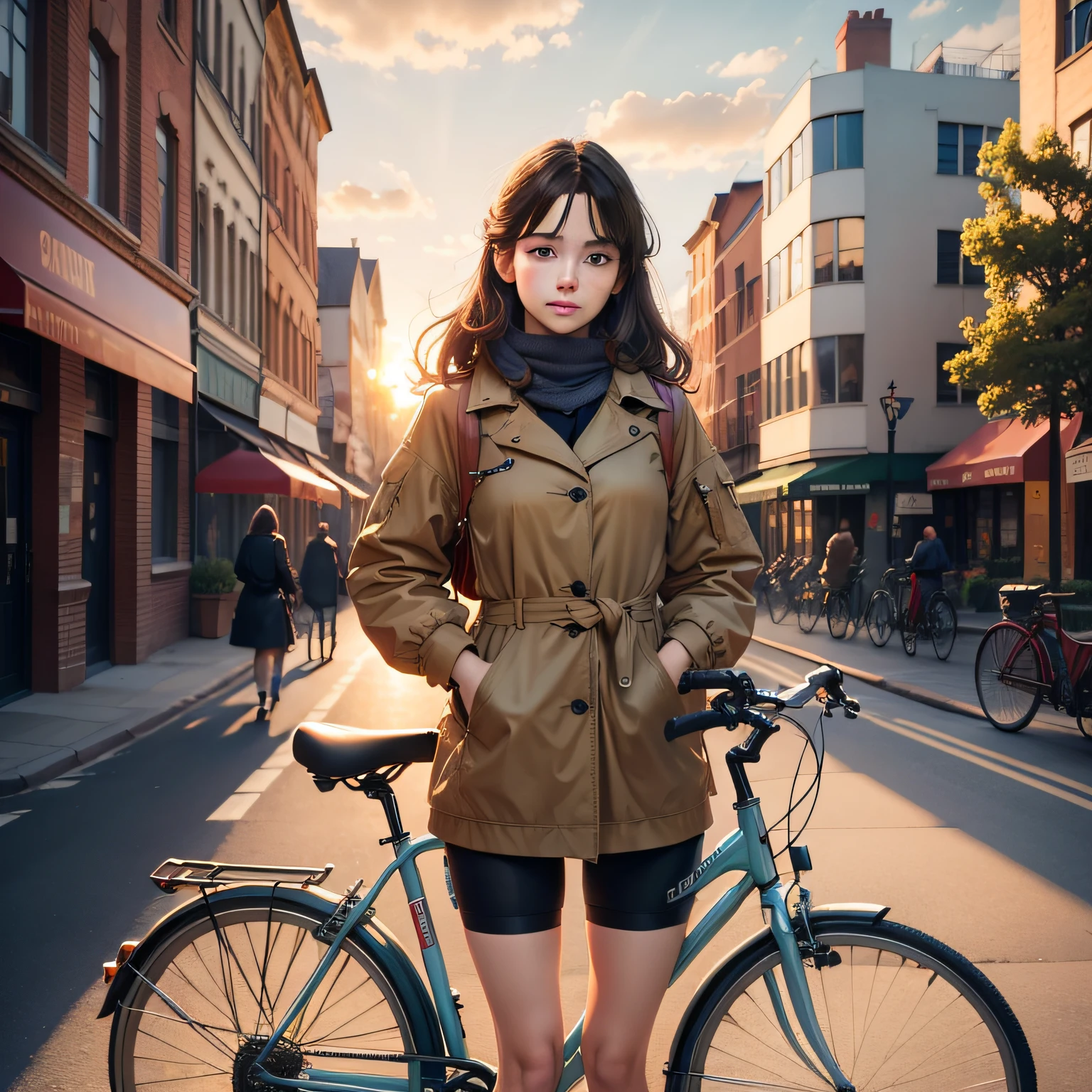 masterpiece,official art,8k, masterpiece, best quality, highly detailed, realistic, everyday life, nostalgic, warm colors,

people,bicycles:1.2,city streets,buildings,parks,trees,sunset,peaceful atmosphere.