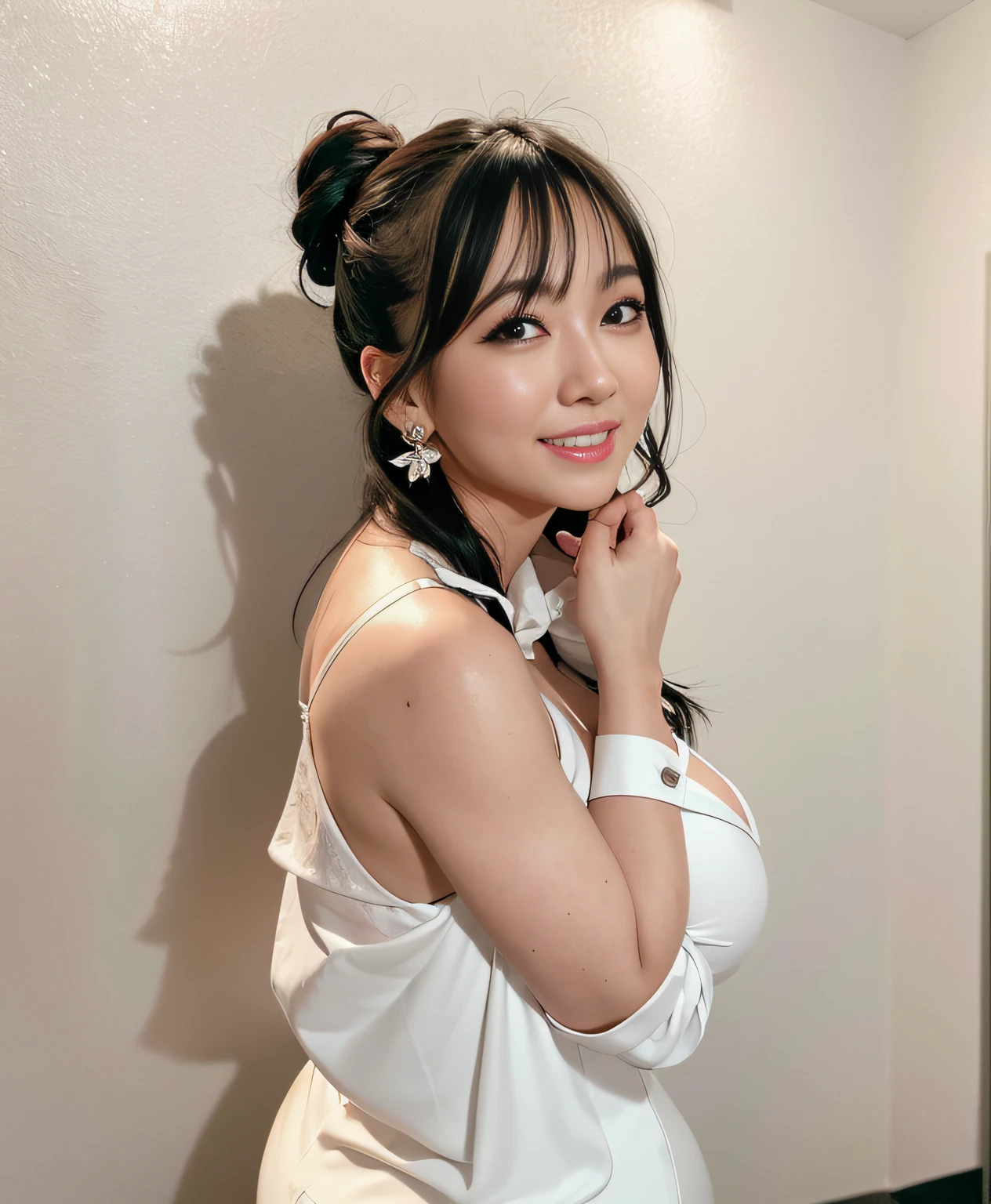 Back view, turned around, emphasized buttocks, top quality, ultra detail, ultra high resolution, (photorealistic: 1.8), (upper body shot: 1.5), Saika 1, side angle, erotic face, viewer look, smile, (wearing white formal blouse: 1.8), big earrings, natural light, C cup