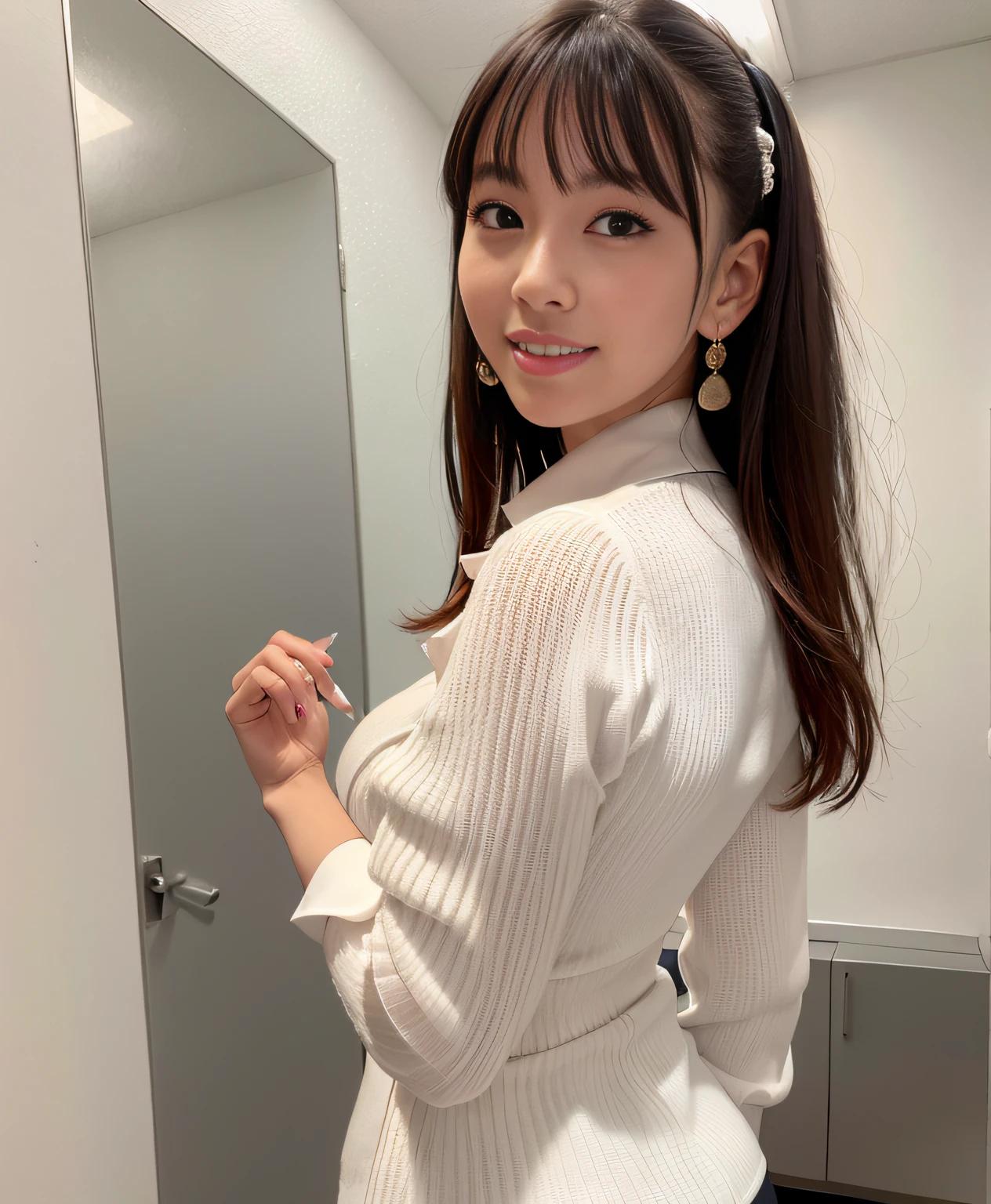 Back view, turned around, emphasized buttocks, top quality, ultra detail, ultra high resolution, (photorealistic: 1.8), (upper body shot: 1.5), Saika 1, side angle, erotic face, viewer look, smile, (wearing white formal blouse: 1.8), big earrings, natural light, C cup