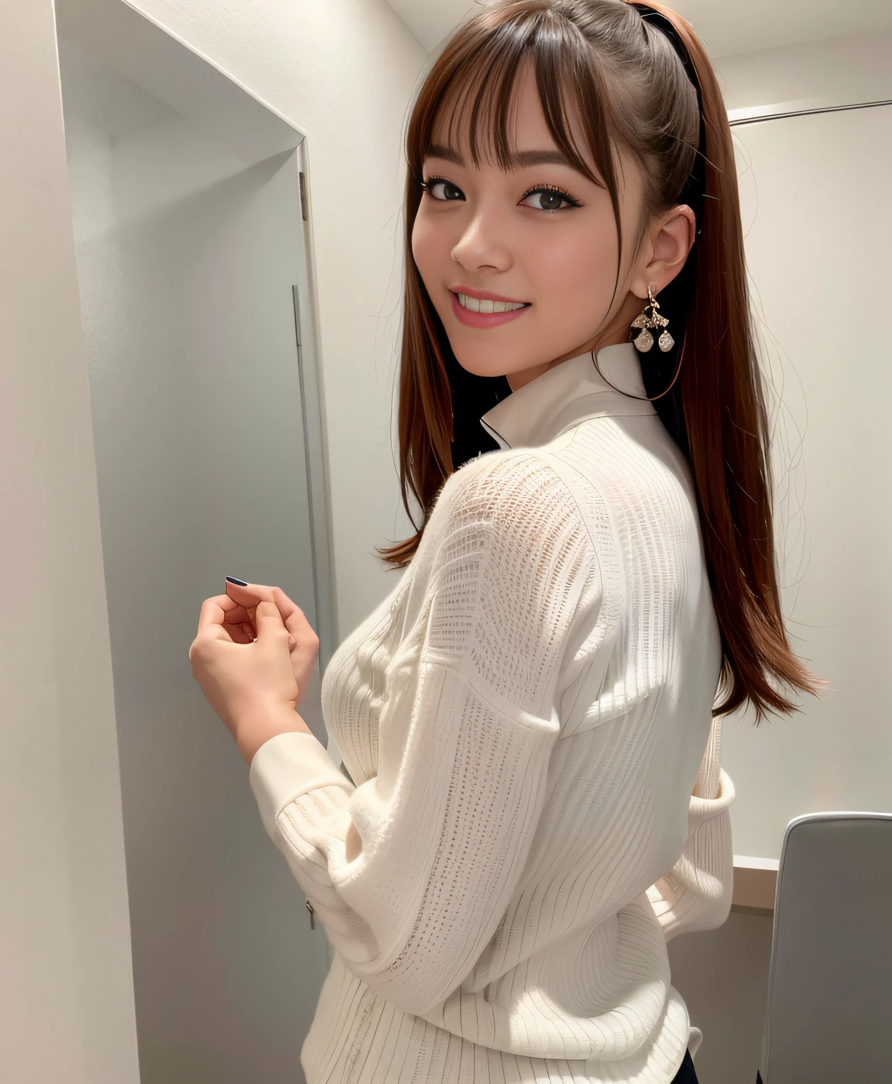 Back view, turned around, emphasized buttocks, top quality, ultra detail, ultra high resolution, (photorealistic: 1.8), (upper body shot: 1.5), Saika 1, side angle, erotic face, viewer look, smile, (wearing white formal blouse: 1.8), big earrings, natural light, C cup