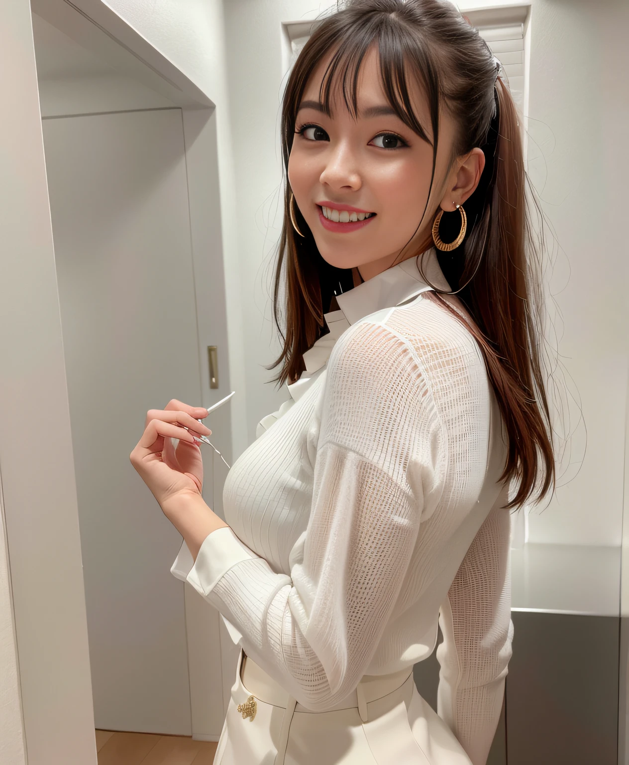 Back view, turned around, emphasized buttocks, top quality, ultra detail, ultra high resolution, (photorealistic: 1.8), (upper body shot: 1.5), Saika 1, side angle, erotic face, viewer look, smile, (wearing white formal blouse: 1.8), big earrings, natural light, C cup