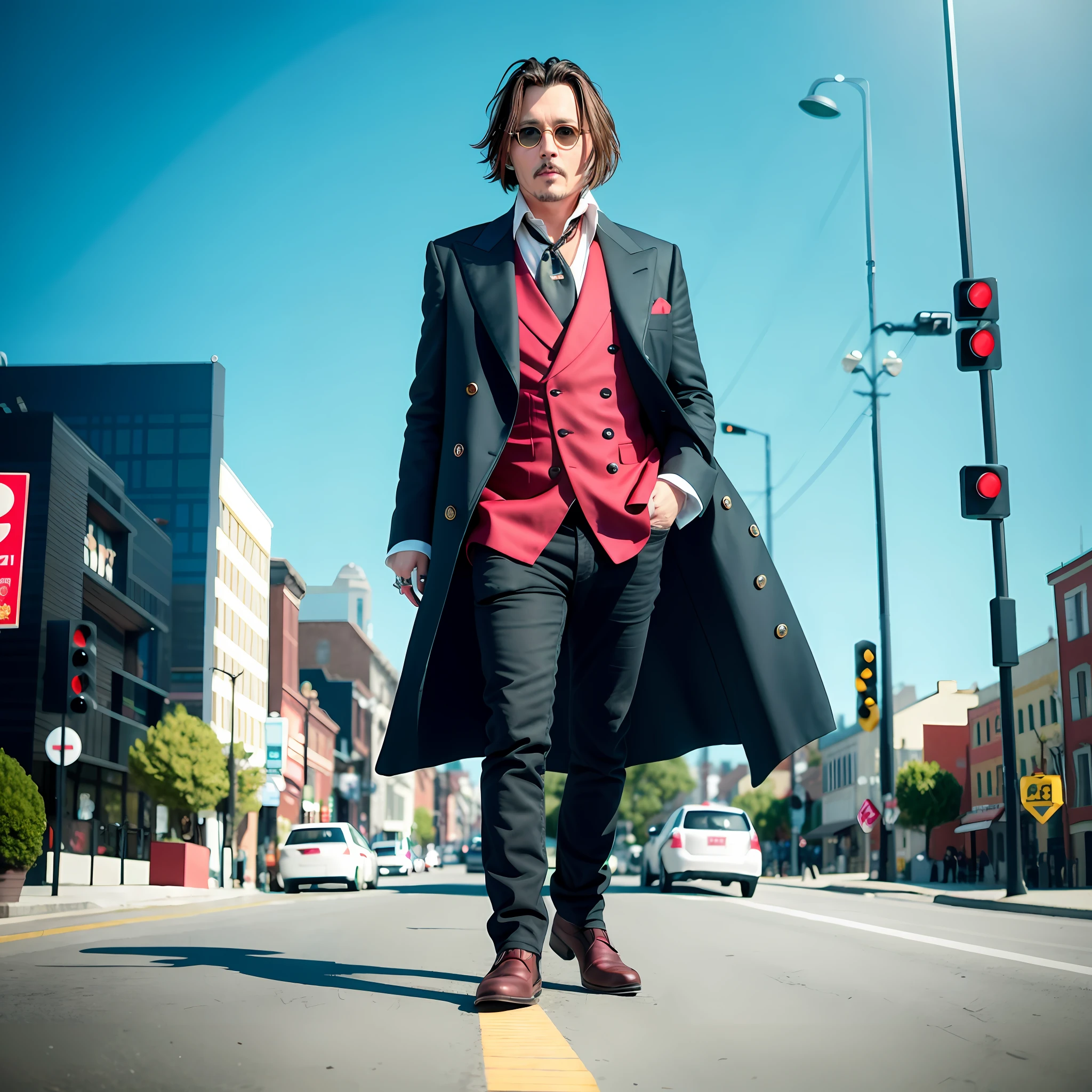 Johnny Depp in a black and red costume on a city street, Johnny Depp Live Action Costume, Octane insanely detailed render, Johnny Depp, Ryan Reynolds as Johnny Depp, Ryan Gosling as Johnny Depp, Instagram Post, Super Detailed Octane Render, # movie, 8k octane Unreal render, hero pose colorful city lighting, DOF 8K, ultra realistic 8k octan photo, Fallen angel filter, filter, green flite, blurred background.