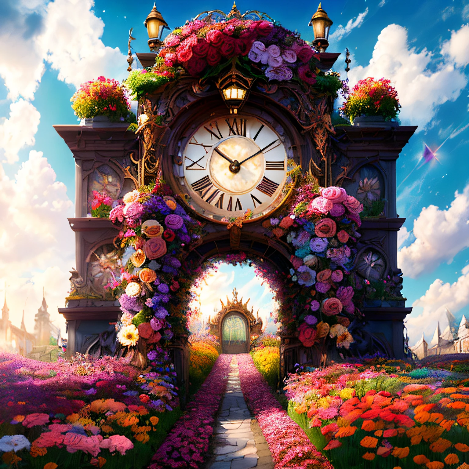 photo (FlowerGateway style:1) a giant clock tower in the middle of a flower garden
