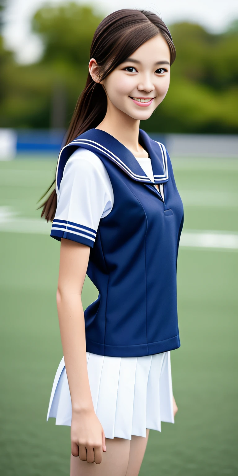 neat college girl, petite, sailor suit, school uniform, outside the athletic field, (slim, small, flat, small), photorealistic, detail, skin texture, ultra detail, delicate and sexy collarbone, smile, super detailed face, detailed lips, detailed eyes, double eyelids