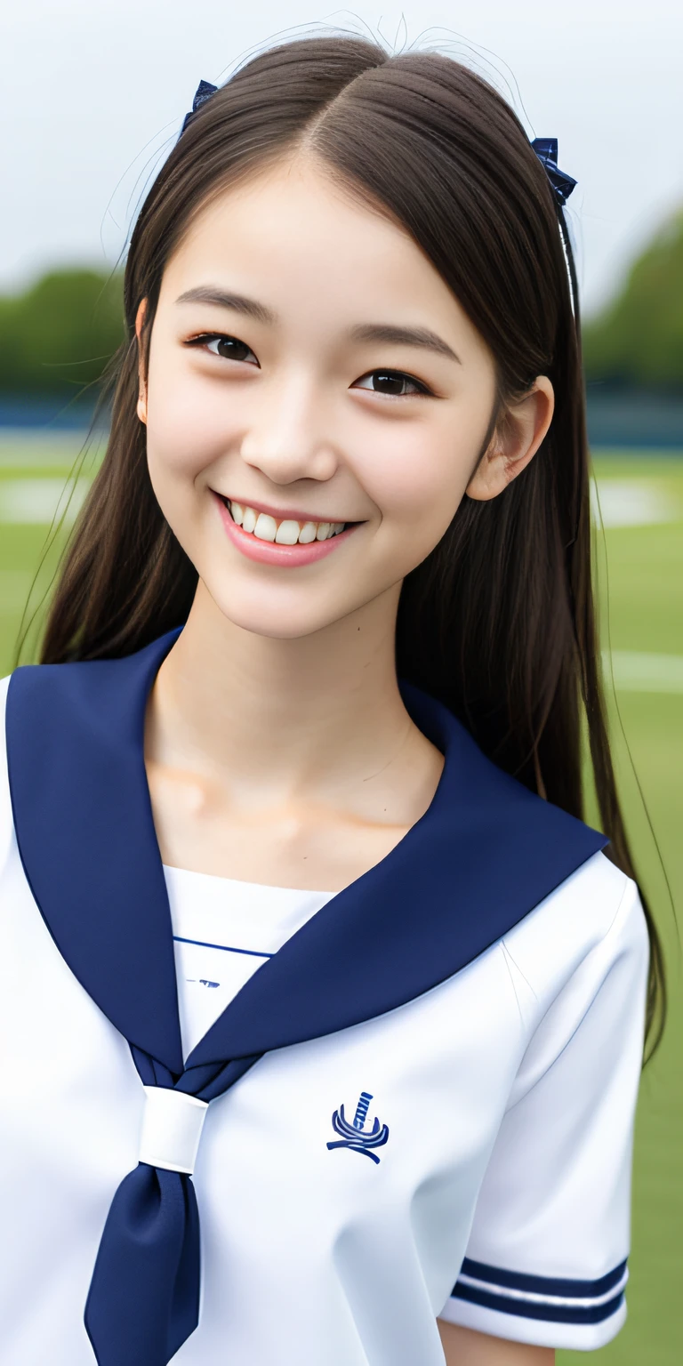 neat college girl, ite, sailor suit, school uniform, outside the athletic field, (slim, small, flat, small), photorealistic, detail, skin texture, ultra detail, delicate and sexy collarbone, smile, super detailed face, detailed lips, detailed eyes, double eyelids