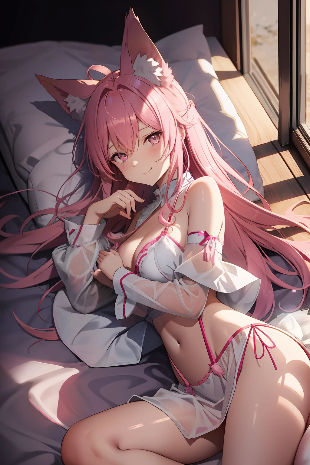 Pink hair pupils Fox ears Fox tail Cuffs with raw edges Imperial sister dress In the bedroom, strong light and shadow effects, Charming eyes and smiles, Lying on the bed with open clothes Depiction of underwear underwear
