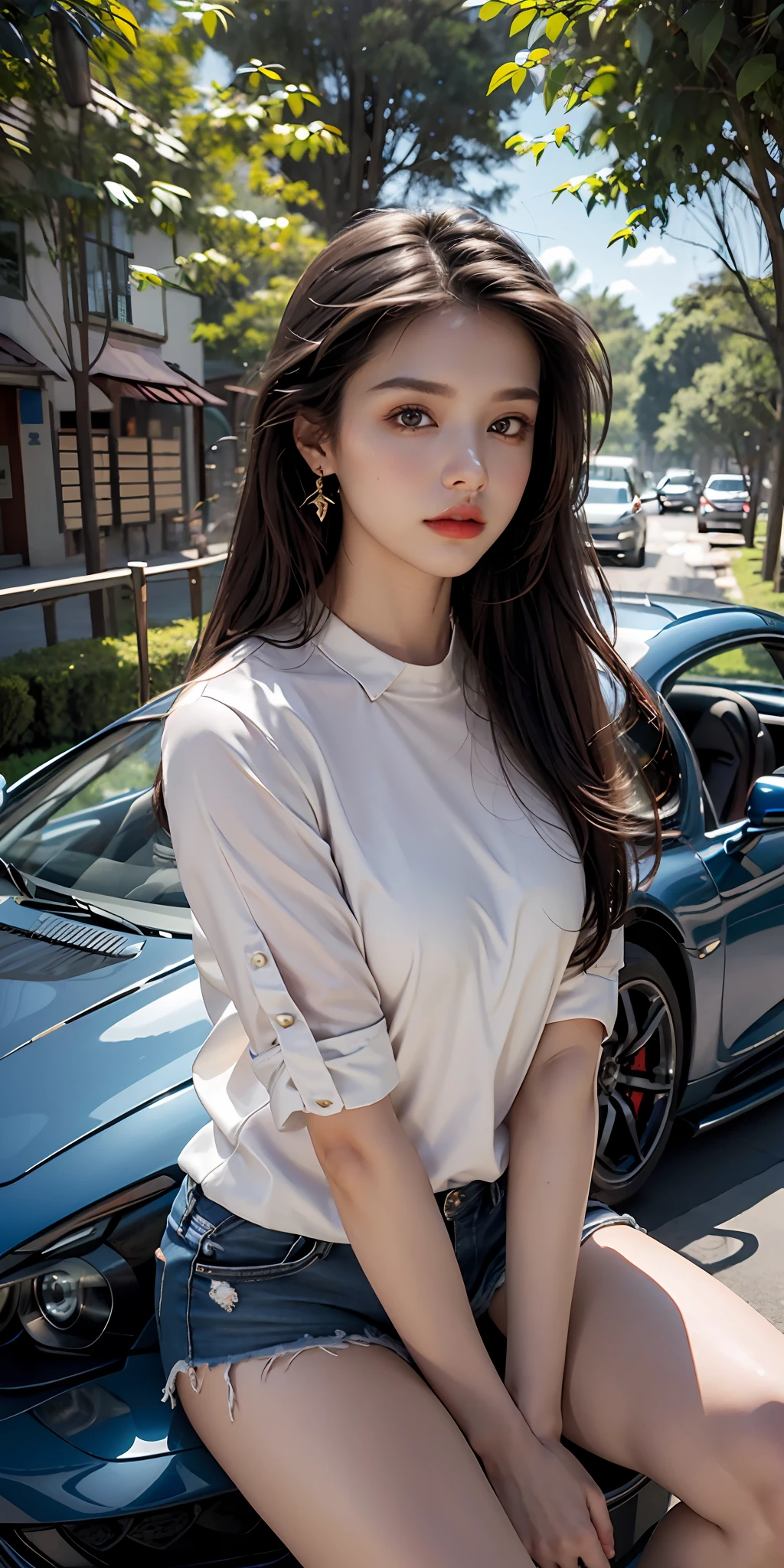 best quality, masterpiece, super high resolution, (reality: 1.4), original photo, (evening street), 1 girl, dark eyes, long hair, light makeup, lips, shirt, shorts, earrings, sitting on the hood of a sports car