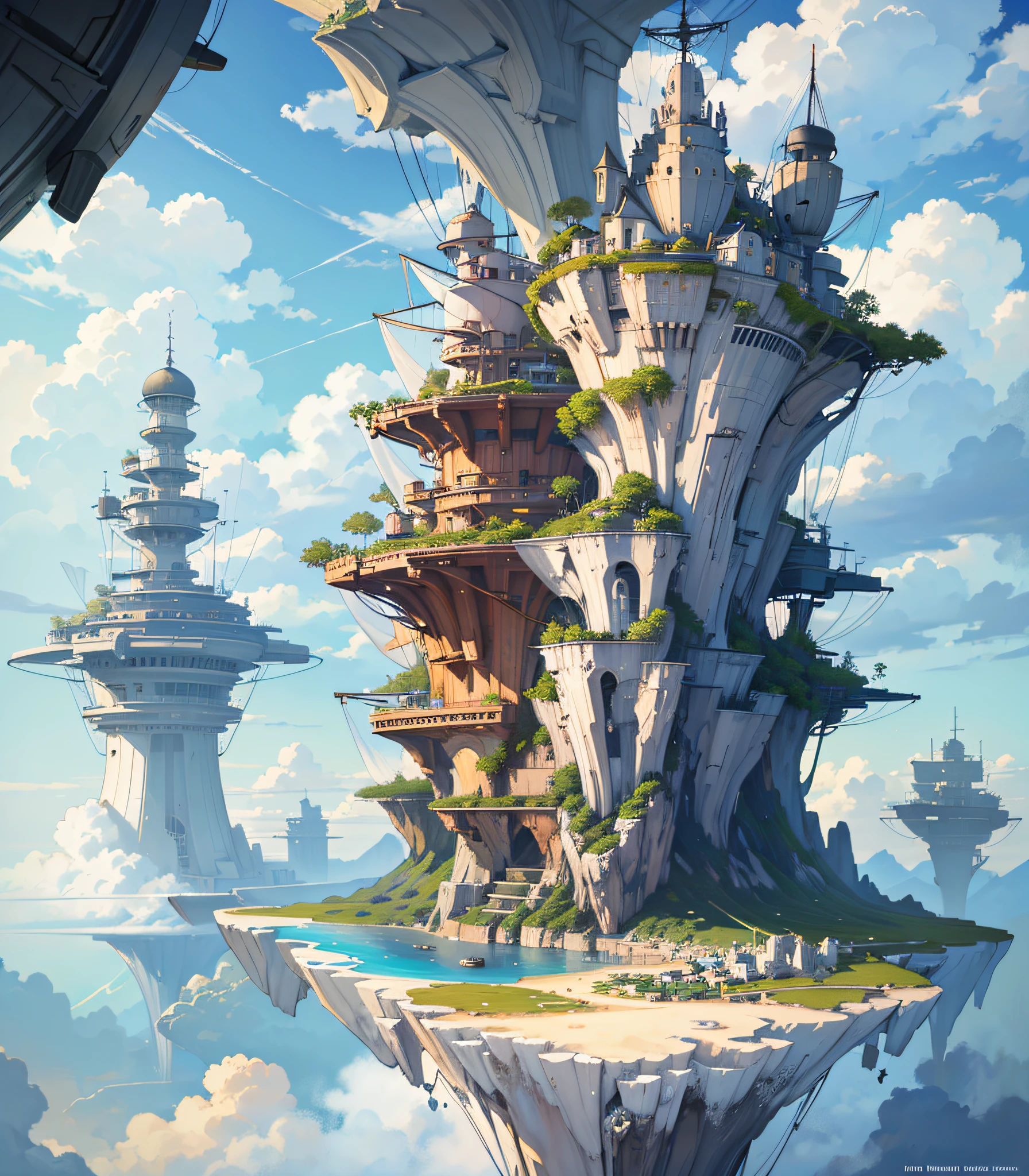 Many islands are suspended in the air with many small airships flying around, cities, fantasy, magical plants growing, extreme details, realistic light, epic composition, (complex details), (complex design, ultra-details :1.2), Art Station, (Masterpiece, Best Quality), Ultra HD, 32k --v 6
