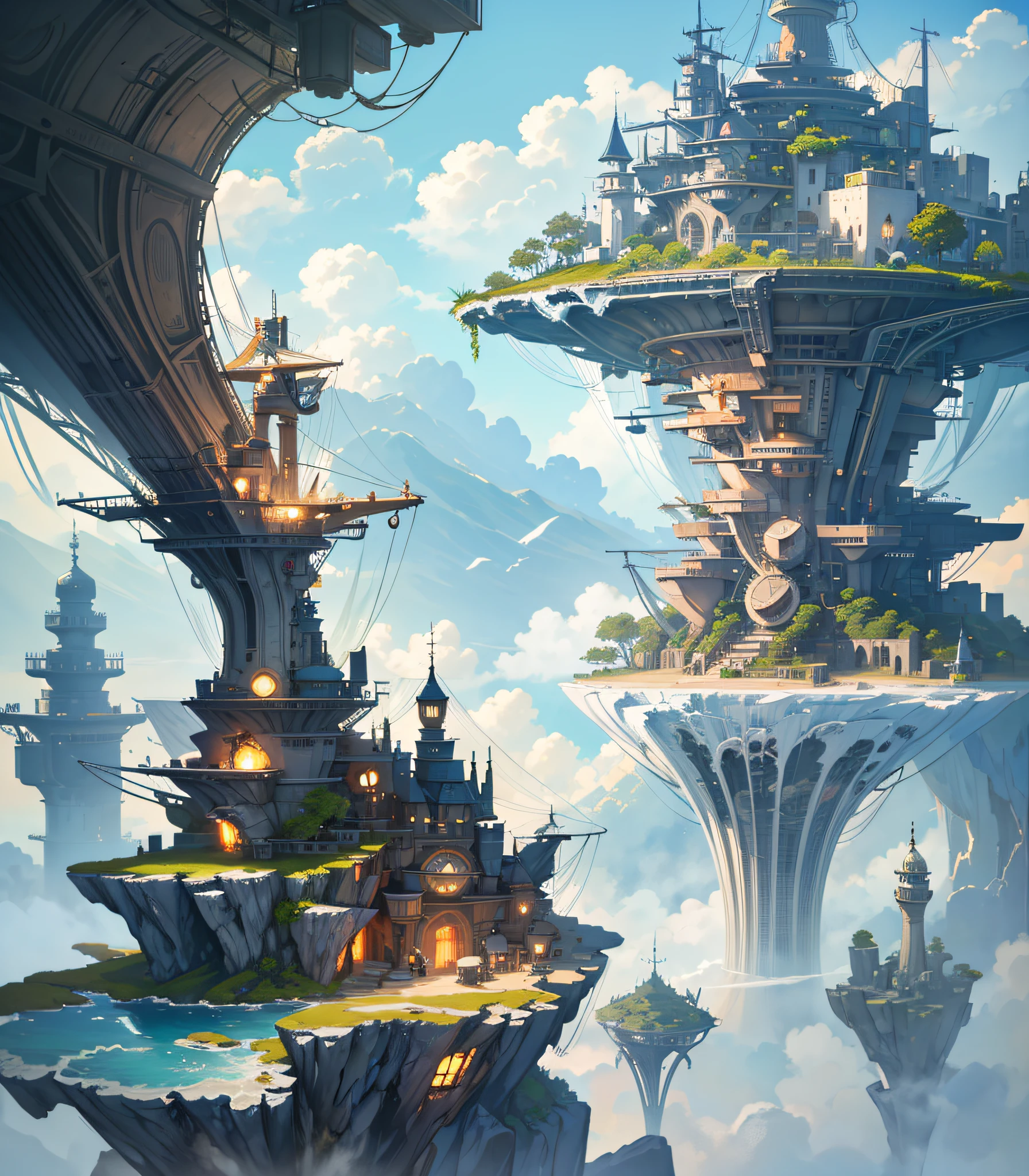Many islands are suspended in the air with many small airships flying around, cities, fantasy, magical plants growing, extreme details, realistic light, epic composition, (complex details), (complex design, ultra-details :1.2), Art Station, (Masterpiece, Best Quality), Ultra HD, 32k --v 6
