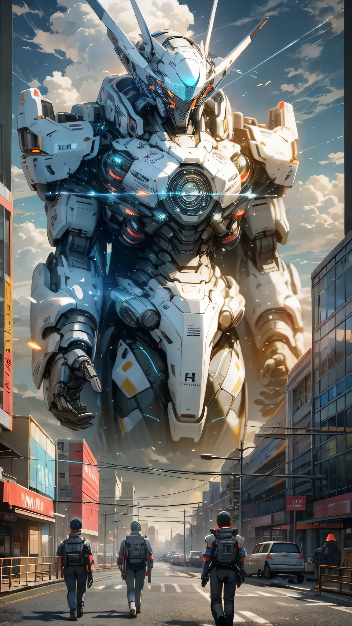 Sky, Clouds, holding_weapon, no_humans, Glow, Robots, Architecture, Science Fiction, Cities, Reality --v6