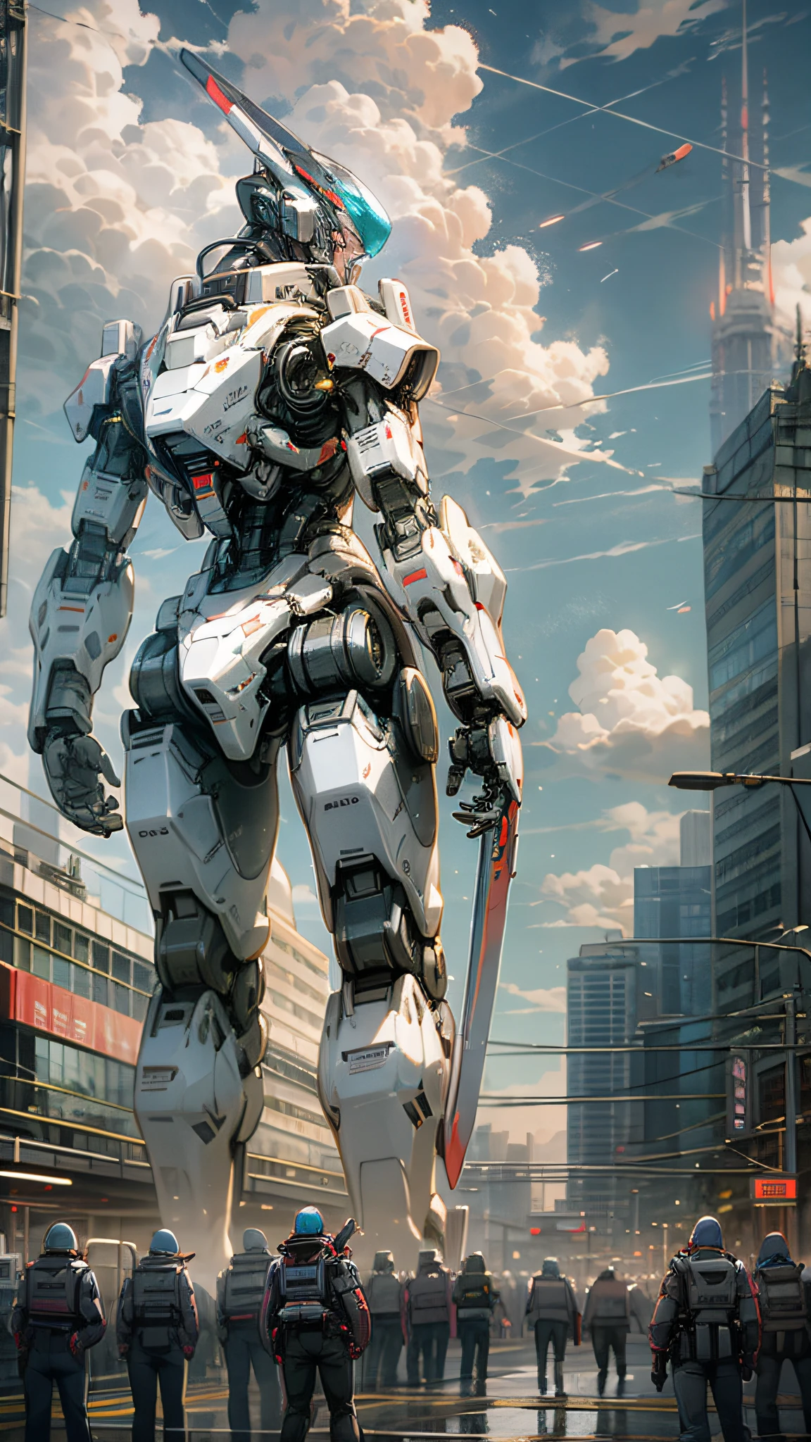 Sky, Clouds, holding_weapon, no_humans, Glow, Robots, Architecture, Science Fiction, Cities, Reality --v6