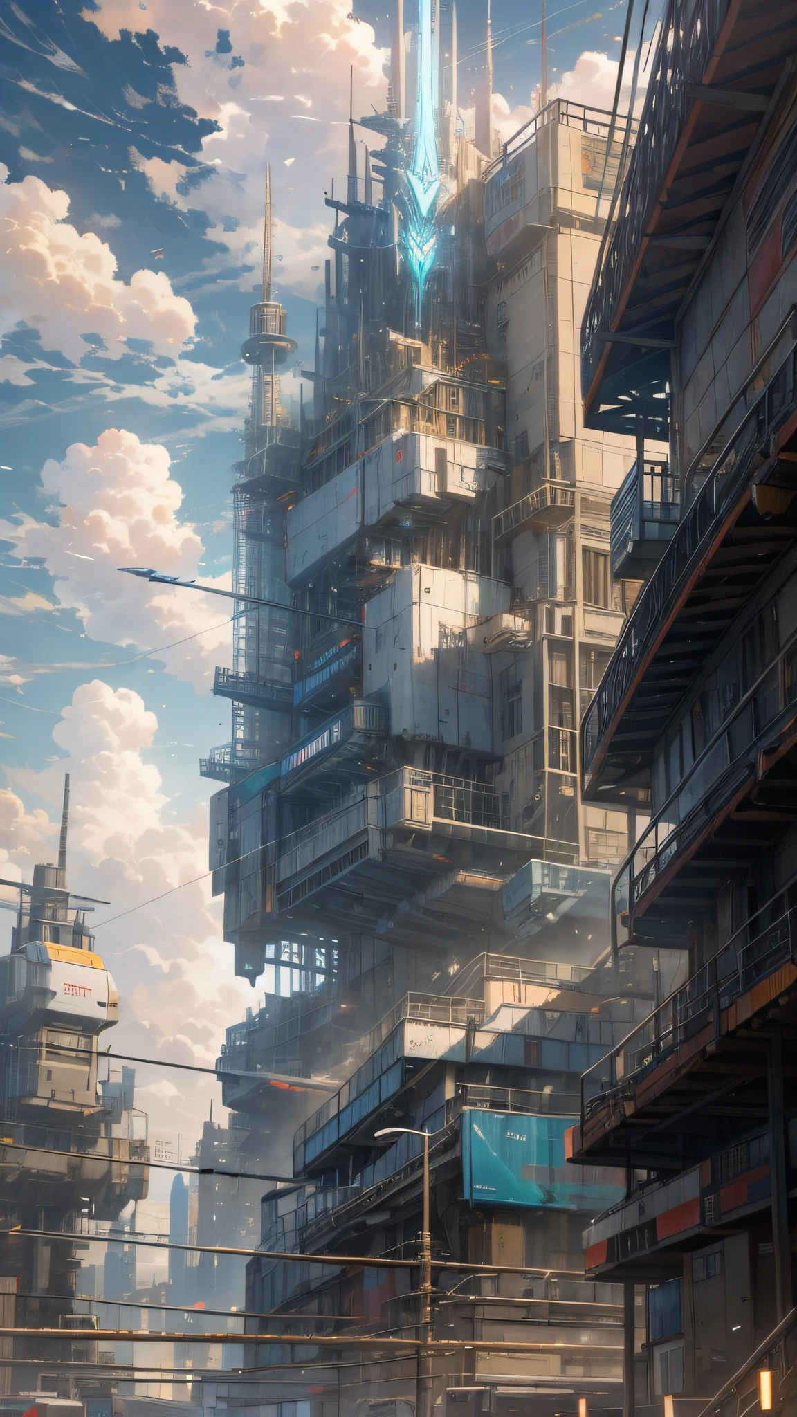 Sky, Clouds, holding_weapon, no_humans, Glow, Robots, Architecture, Science Fiction, Cities, Reality --v6
