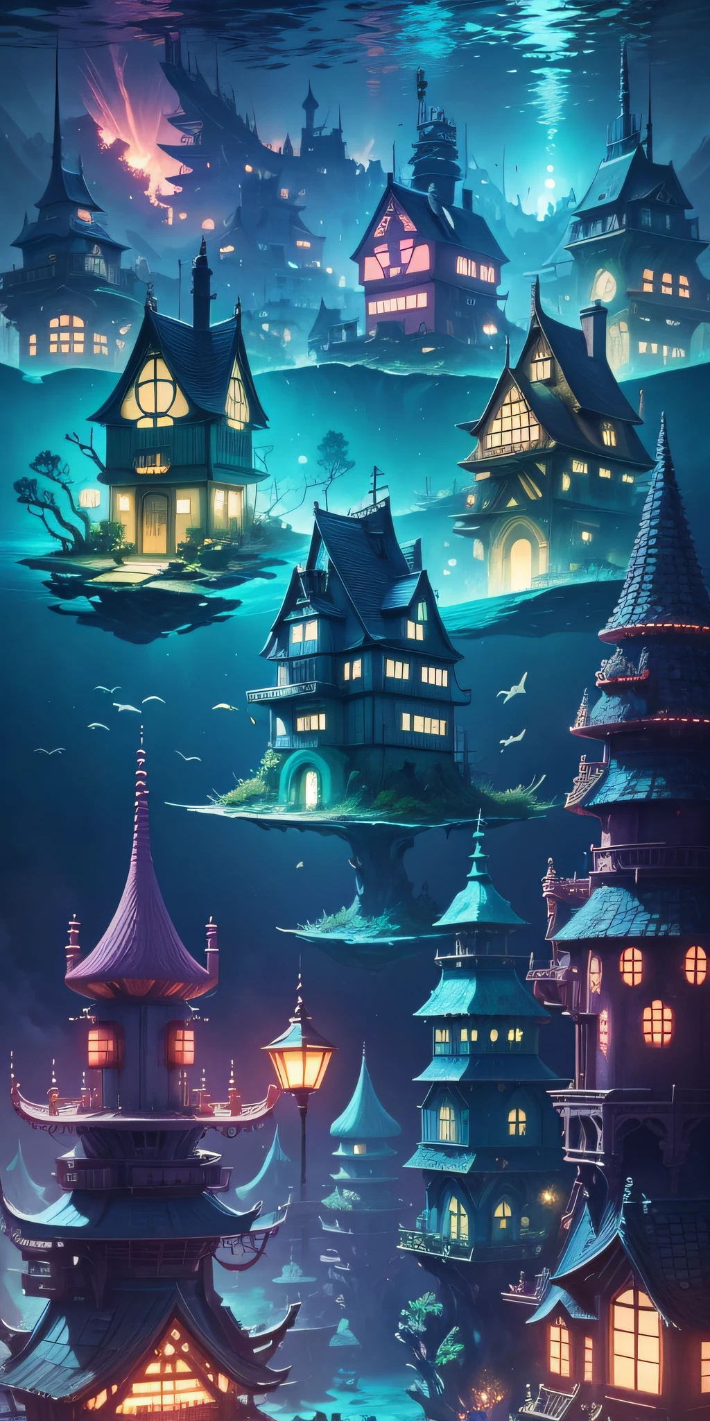 Color (Fantasy: 1.2), (Hayao Miyazaki style), (irregular building floating under the sea), patchwork cottages, Moss decorations, coral, lights, concept art inspired by Andreas Rocha, Artstation contest winner, Fantasy art, (underwater city), ross tran, light shafts, realistic lighting, masterpiece, high quality, beautiful graphics, high detail, masterpiece, high quality, beautiful graphics, high detail, --v6