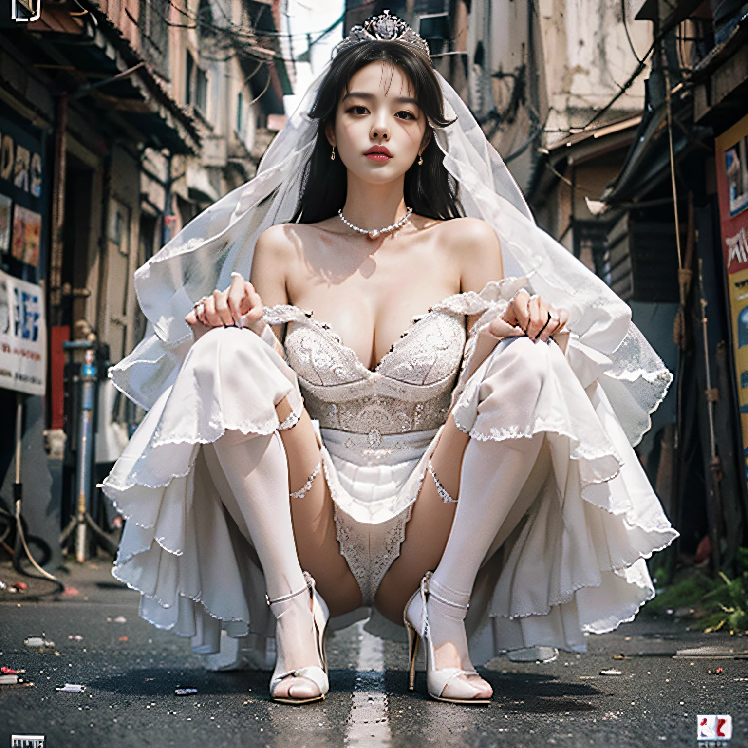 Exiled princess, potholes on the ground, slums, dirty, humiliated, hands handcuffed, half-squatted, begging, pitiful, hanging neck, royal pearl jewelry, princess crown, light white evening dress, pearl high heels, long white stockings, stiletto heels, big breasts, white skin, 8k,