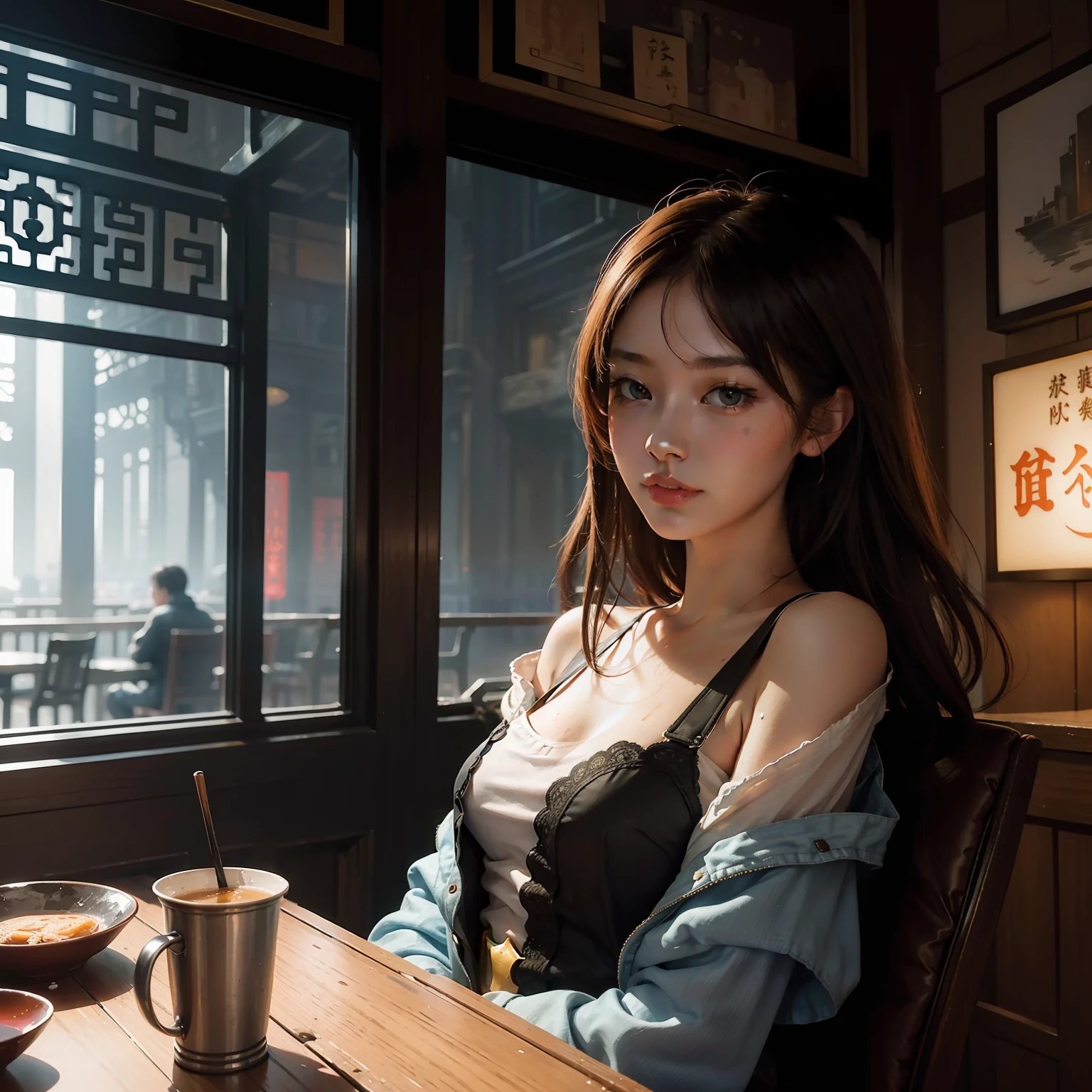 A beautiful young woman sitting in an old Shanghai street café, portrait of William Heinretz, watercolor, wet and splash technique, centered, perfectly composed, abstract, surreal