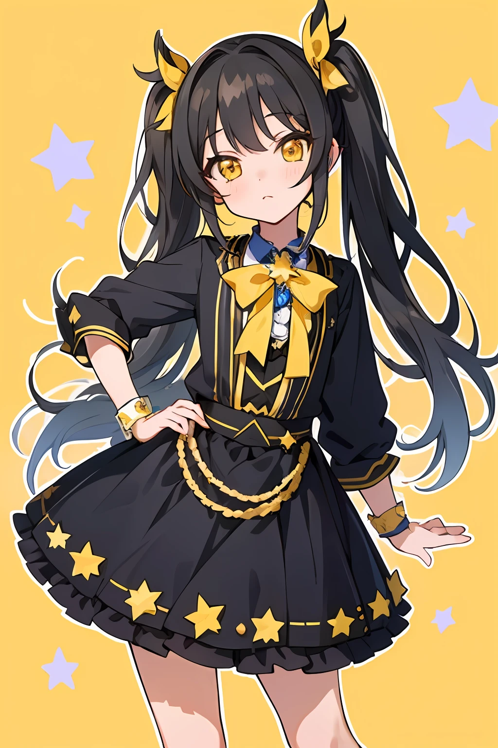 Matoba risa, (Masterpiece, Best Quality, Crazy Detail:1.4), little girl, twin tail, (fine beautiful black hair), (beautiful yellow eyes), (THE IDOLM@STER CINDERELLA GIRLS my first star costume), (Colorful), (Outline), (2D, Limited Tone),(Beautiful Iris: 1.4),,Matoba Risa
