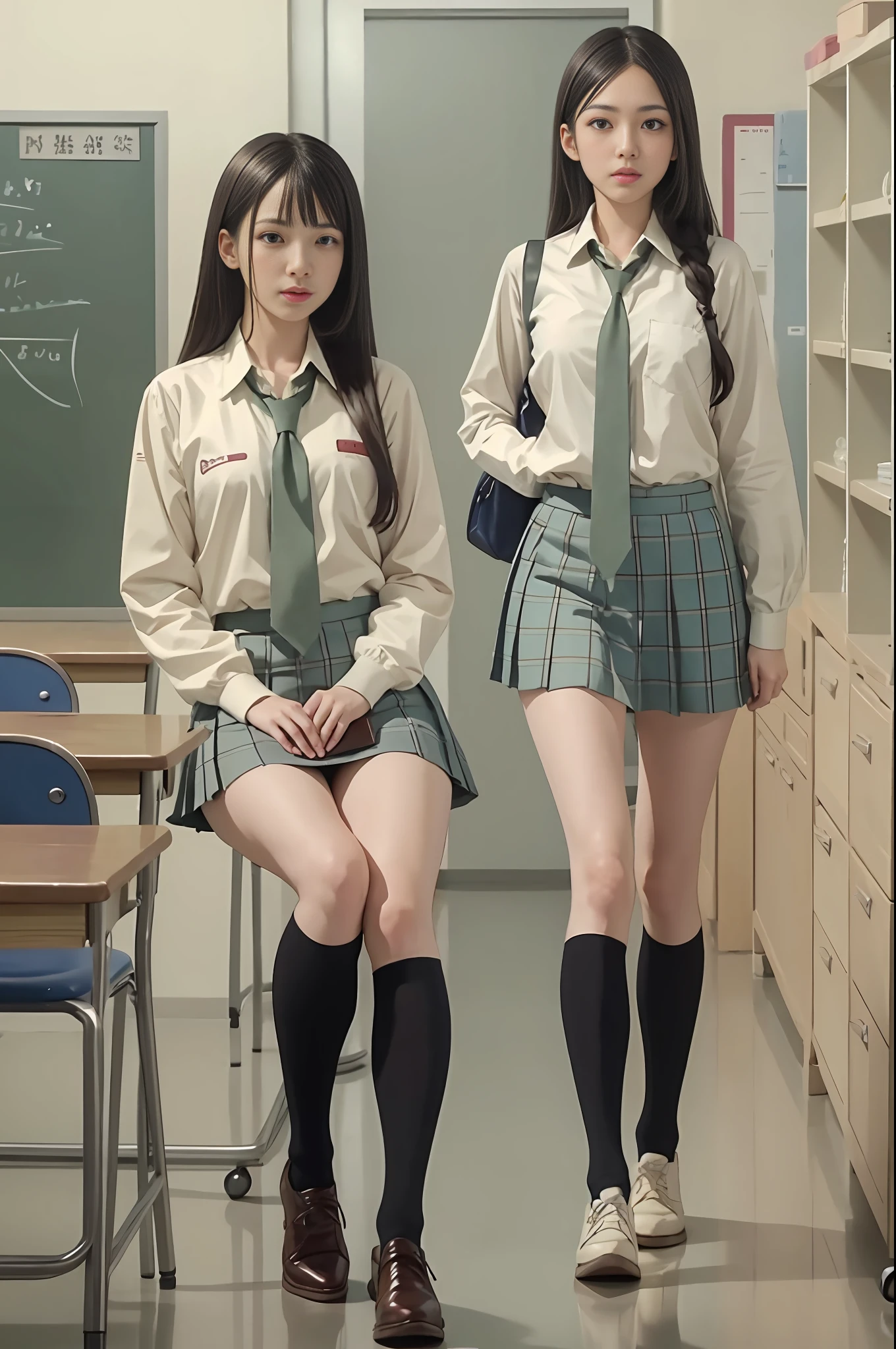 Long black hair, white skin, Chinese, young, thick eyebrows, brown eyes, thick eyelashes, lip biting, white school uniform, green tie, small waist, short blue skirt, in the classroom, dynamic pose, noodle legs, brown school shoes, realistic, 8k, masterpiece, high resolution, high resolution, anatomically correct, high resolution, high resolution, inspired by Marin Kitagawa in anime