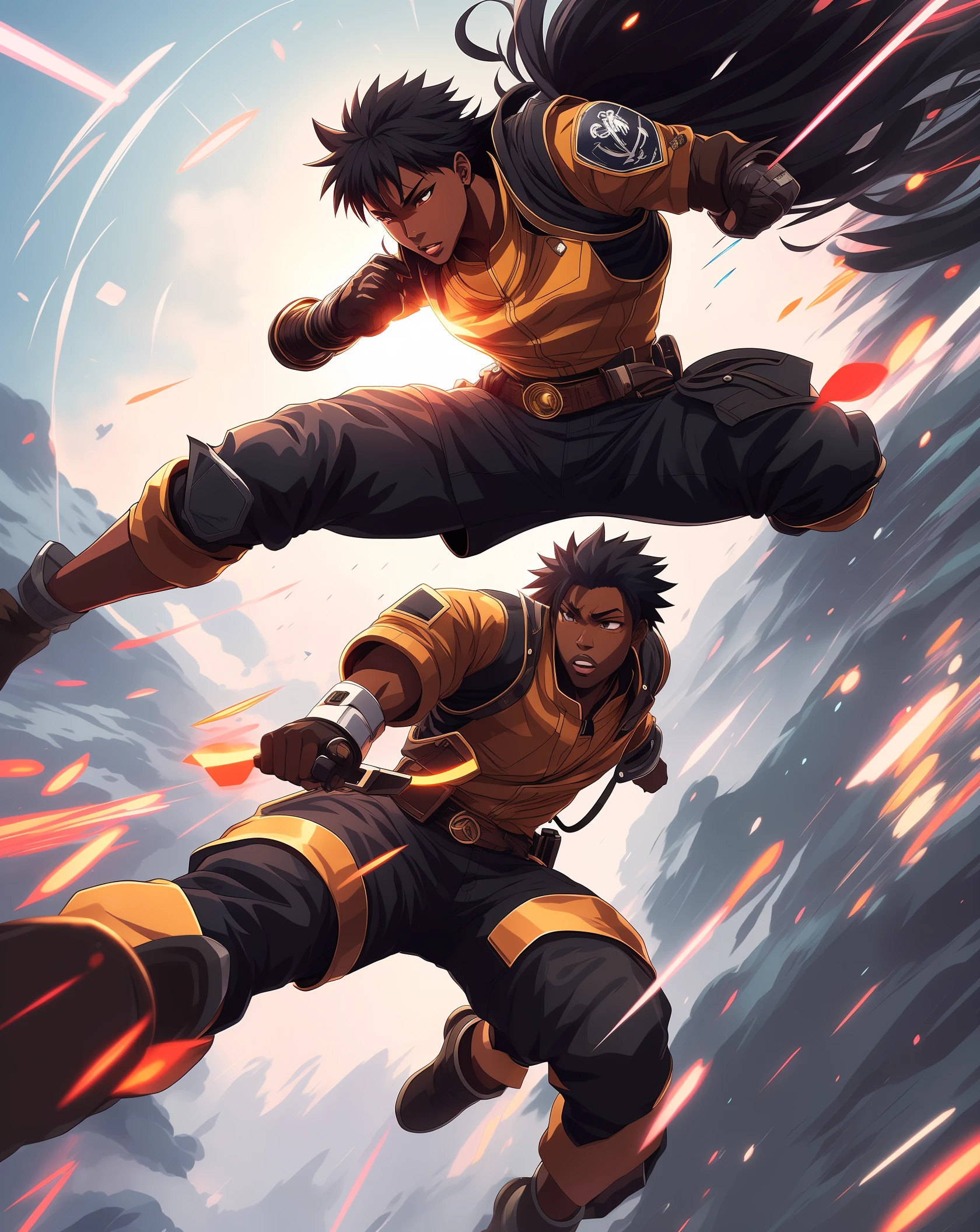 A highly detailed anime illustration, medium shot, black guy, dynamic fighting pose, motion tracks, vintage, dreamer, drawing, trend in artstation, UHD, atmosphere, luminosity