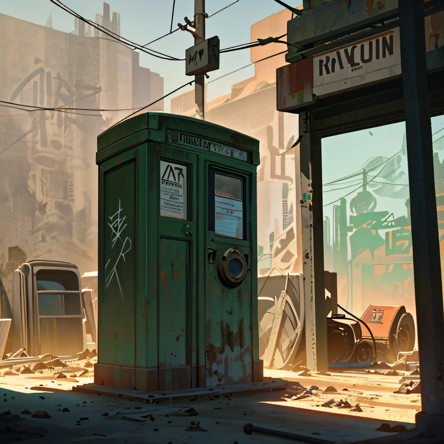 hyperrealistic and very detailed illustration of an abandoned square, point of view from the outside, image very loaded with objects, point of view from below, dirty and cracked concrete stairs, green wastebasket, metal signs, seats, cables, pole, pastel blue telephone booth, rusty guardrails, white and pastel yellow walls, pallet, empty boxes, damaged wall paint,  some garbage on the ground, metal and rusty scrap, damaged vehicle parts, very detailed advertisements on the neon wall, spotlight lights (very radiant), artificial and sterile environment, bright day, very dark landscape shadows, red and green neon lights, soil with a lot of desert sand littering the whole landscape, very sharp details and high contrast GRAFFITY