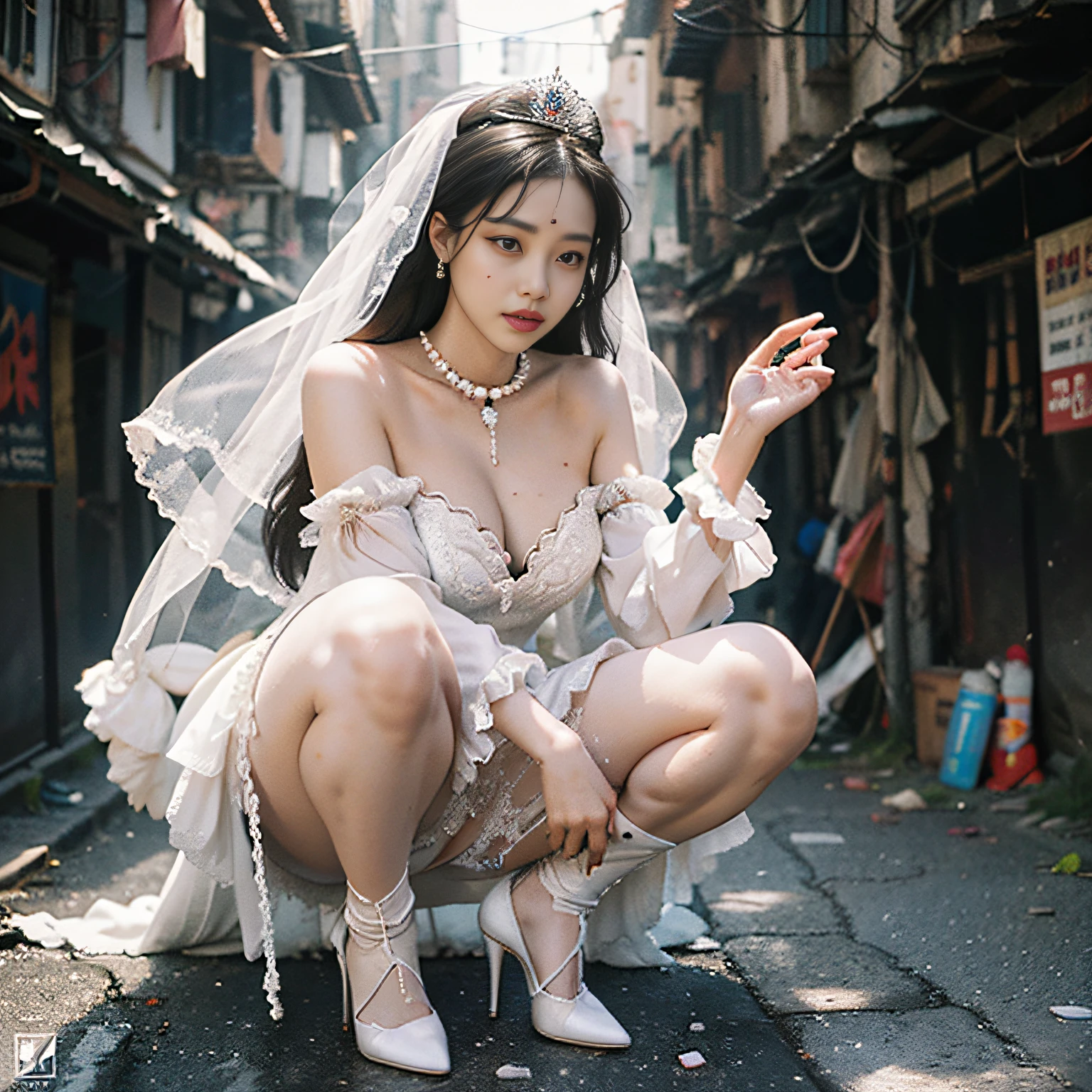 Exiled princess, potholes on the ground, slums, dirty, humiliated, hands handcuffed, half-squatted, begging, torn neck of clothes, royal pearl jewelry, princess crown, tattered light white light evening dress, pearl heels, long white stockings, stiletto heels, big breasts, white skin, 8k,