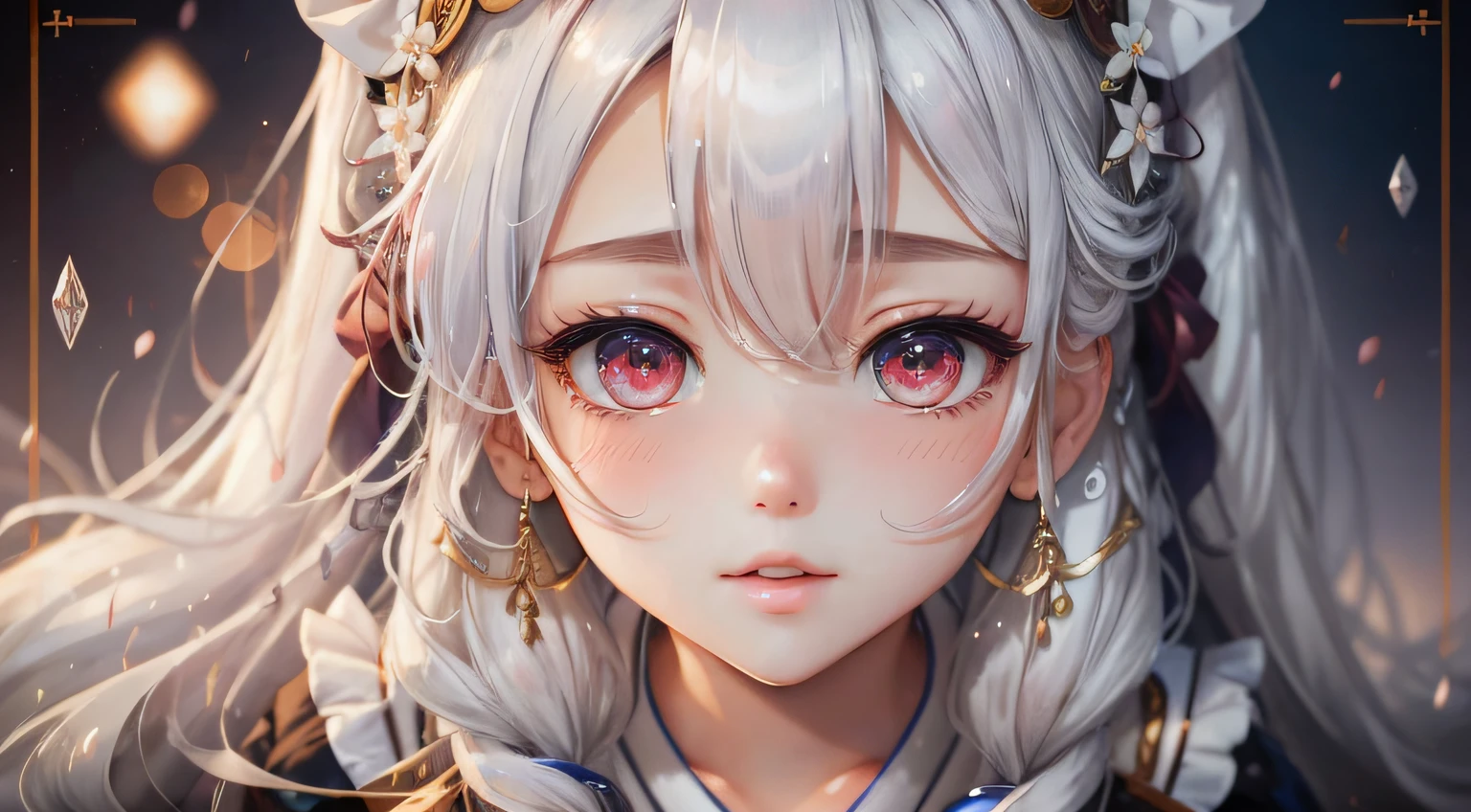 Best Quality, Highly Detailed, Masterpiece, Hyperdetail, Illustration, 1 Girl, Dynamic Angle, World Masterpiece Theater, Best Quality, Extremely Detailed CG Uniform 8k Wallpaper, Ink, Amazing, Movie Lighting, Cute, Short Skirt, Squatting on Bed, Cute Schoolgirl, Surreal Girl, Full Body, Girl, Reach Out, White Stockings, Shy, White Hair, Color, Fine, Want, Messy Hair, Blushing, Seductive Anime Girl, Imperial Sister, From Above, Ink Wind, Wrapped Chest Hanfu, Ice Sweet, Conservative Dress, Cleavage, Wet, Beautiful face, ultra detail, excellent, double ponytail, RAW photo, 8K, highest quality, super high resolution, beautiful face detail, color expression, front view, long hair --auto --s2