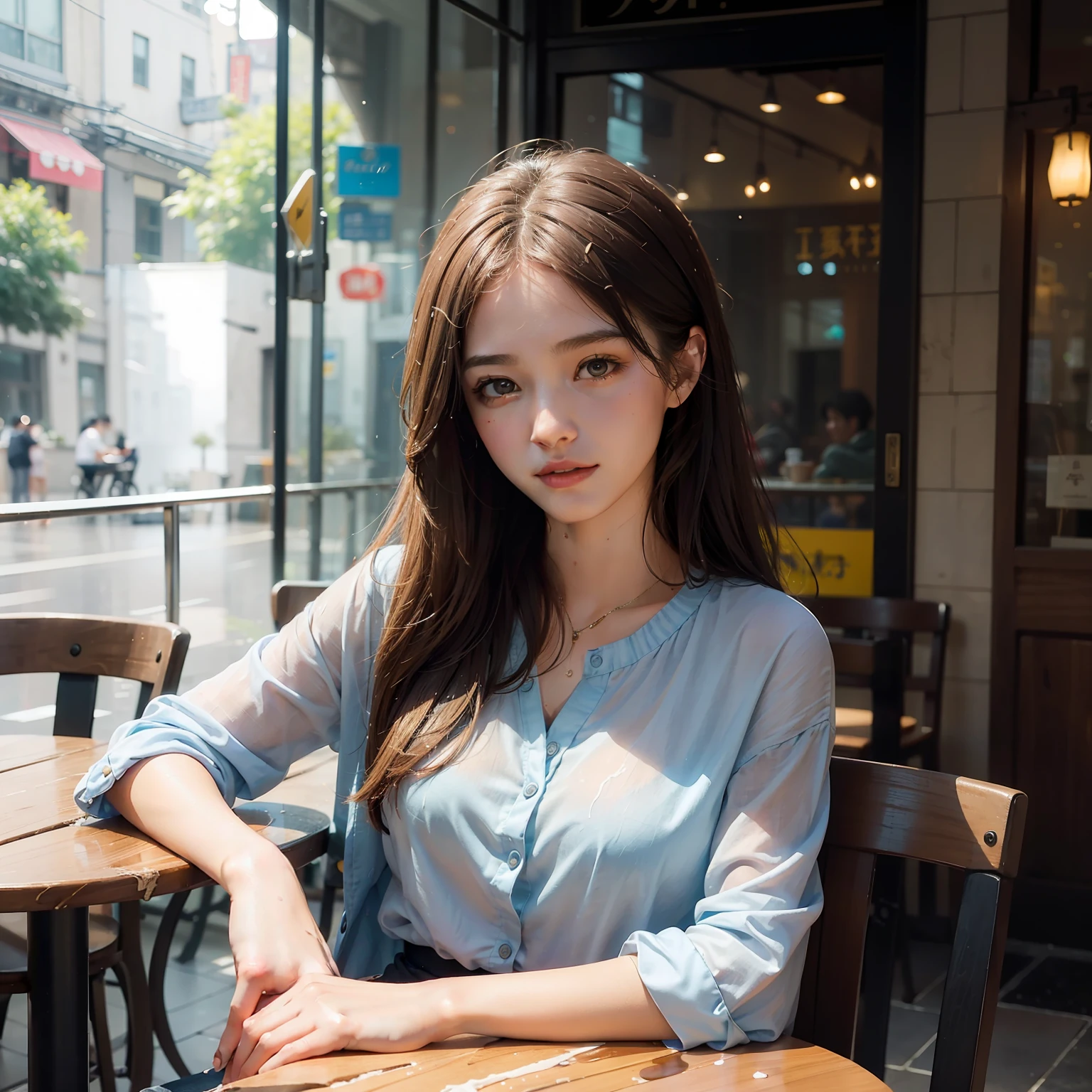 A beautiful young woman sitting in a street café in Wuhan, portrait of William Heinretz, watercolor, wet and splash technique, centered, perfectly composed, abstract, surreal