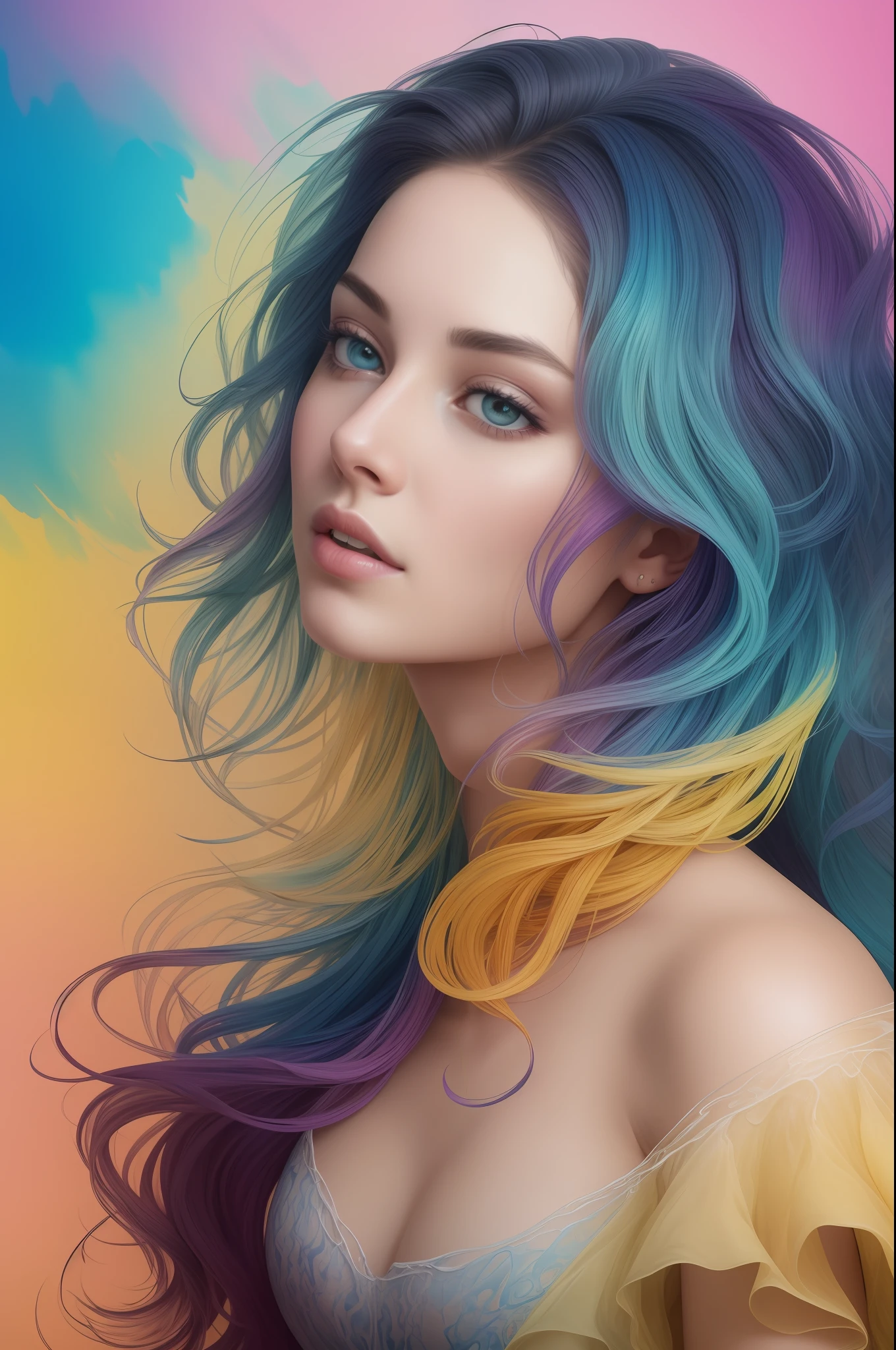 Beautiful colorful girl: a 30-year-old giru, messy hair, oil painting, perfect face with soft skin and perfect face, blue yellow colors, light purple and violet additions, light red additions, intricate details, home screen, 8k resolution, masterpiece, beautiful face, artstation soft digital painting black ink flow: 8k resolution Photorealistic masterpiece:  Intricately detailed fluid gouache painting: by Jean Baptiste Mongue: calligraphy: acrylic: watercolor art, professional photography, natural lighting, volumetric lighting Maximalist photoillustration: by Marton Bobzert: , complex, elegant, expansive, fantastic, wavy hair, vibrant