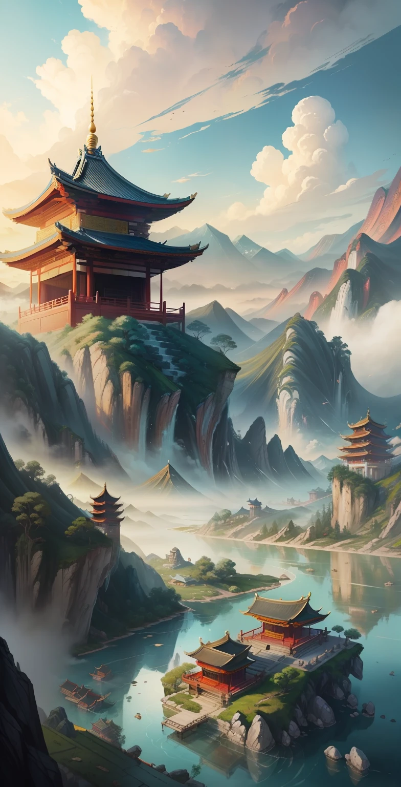 Ancient Chinese landscapes, ancient buildings, pavilions, carved beams and painted buildings, beautiful mountains and rivers, inspired by Jin Yong martial arts,  cloud palace, floating lands in-clouds, chinese landscape, background depicting a temple, anime scenery concept art, onmyoji detailed art, chinese fantasy, background art，sunlight, ink painting style, clean colors, decisive cutting, blank space, freehand, masterpiece, super detailed, epic composition, high quality , highest quality, oversaturated, surreal, artgerm