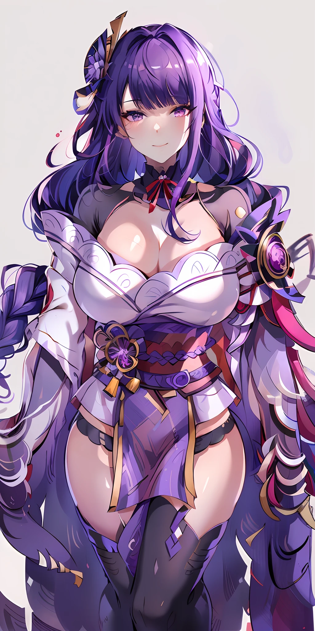 1girl, flat bangs, braids, wide sleeves, hair accessories, kimono, red belt, (purple hair:1.2), very long hair, straight hair, looking at the audience, plain white background, (realism: 1.2), detailed eyes, red eye shadow, depth of field, symmetrical eyes, cleavage, dancing, (masterpiece, top quality, best quality, official art, beauty and aesthetics: 1.2), (1 girl), extreme detail, (fractal art: 1.5), highest detail, [blue feathers|purple feathers] hair, Very long hair, (scattered), (flowing hair: 1.5), hair background, bare shoulders, (collarbone: 0.9), smile, big breasts, 36d, big breasts, sexy, buttocks, hot, big breasts, cleavage, big tits, detailed, white background