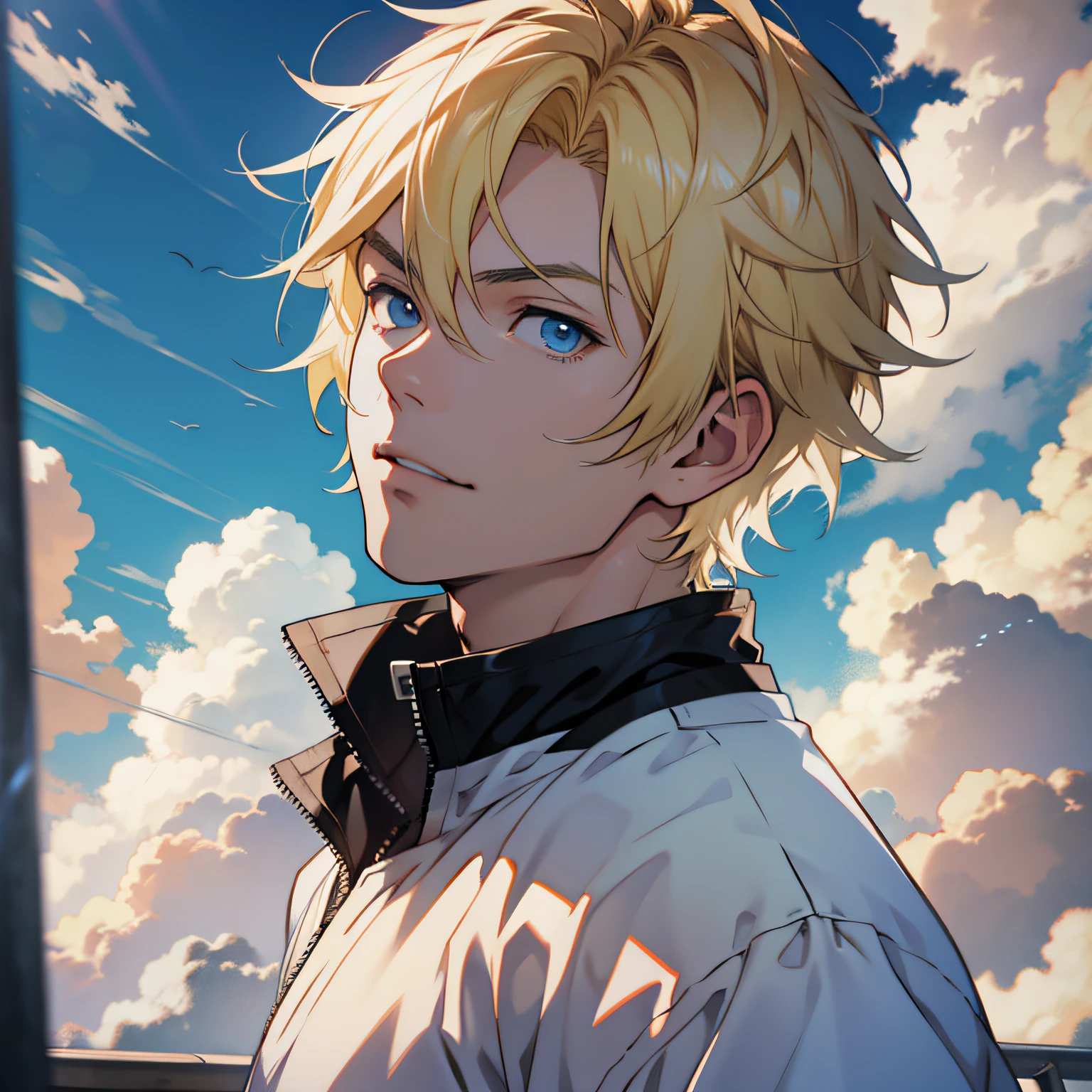 1 anime boy, short blonde hair, low angle, close-up, clouds