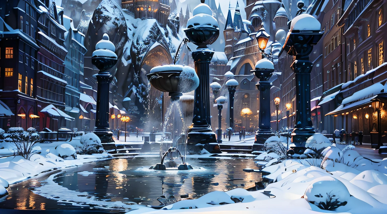 ((masterpiece)), best quality, high quality, ((extremely detailed CG unity 8k wallpaper)),(fantasy), city square fountain full of crowd, winter season, snowy environment, magic movie style, harry potter movie style 3D Digital Paintings, award winning photography, Bokeh, Depth of Field, HDR, bloom, Chromatic Aberration ,Photorealistic, extremely detailed, trending on artstation, trending on CG society, Intricate, High Detail, dramatic, art by midjourney