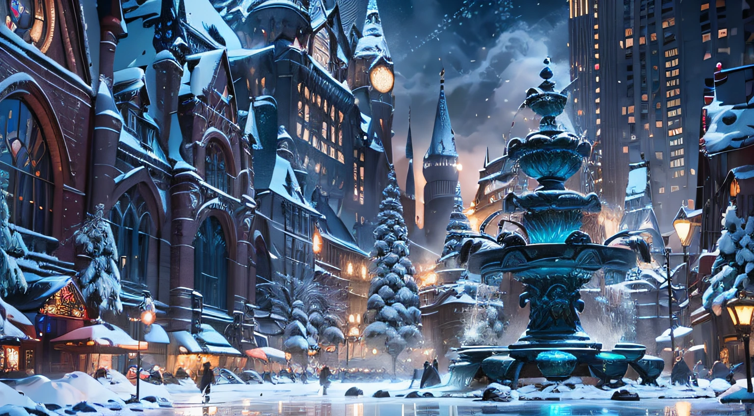 ((masterpiece)), best quality, high quality, ((extremely detailed CG unity 8k wallpaper)),(fantasy), city square fountain full of crowd, winter season, snowy environment, magic movie style, harry potter movie style 3D Digital Paintings, award winning photography, Bokeh, Depth of Field, HDR, bloom, Chromatic Aberration ,Photorealistic, extremely detailed, trending on artstation, trending on CG society, Intricate, High Detail, dramatic, art by midjourney