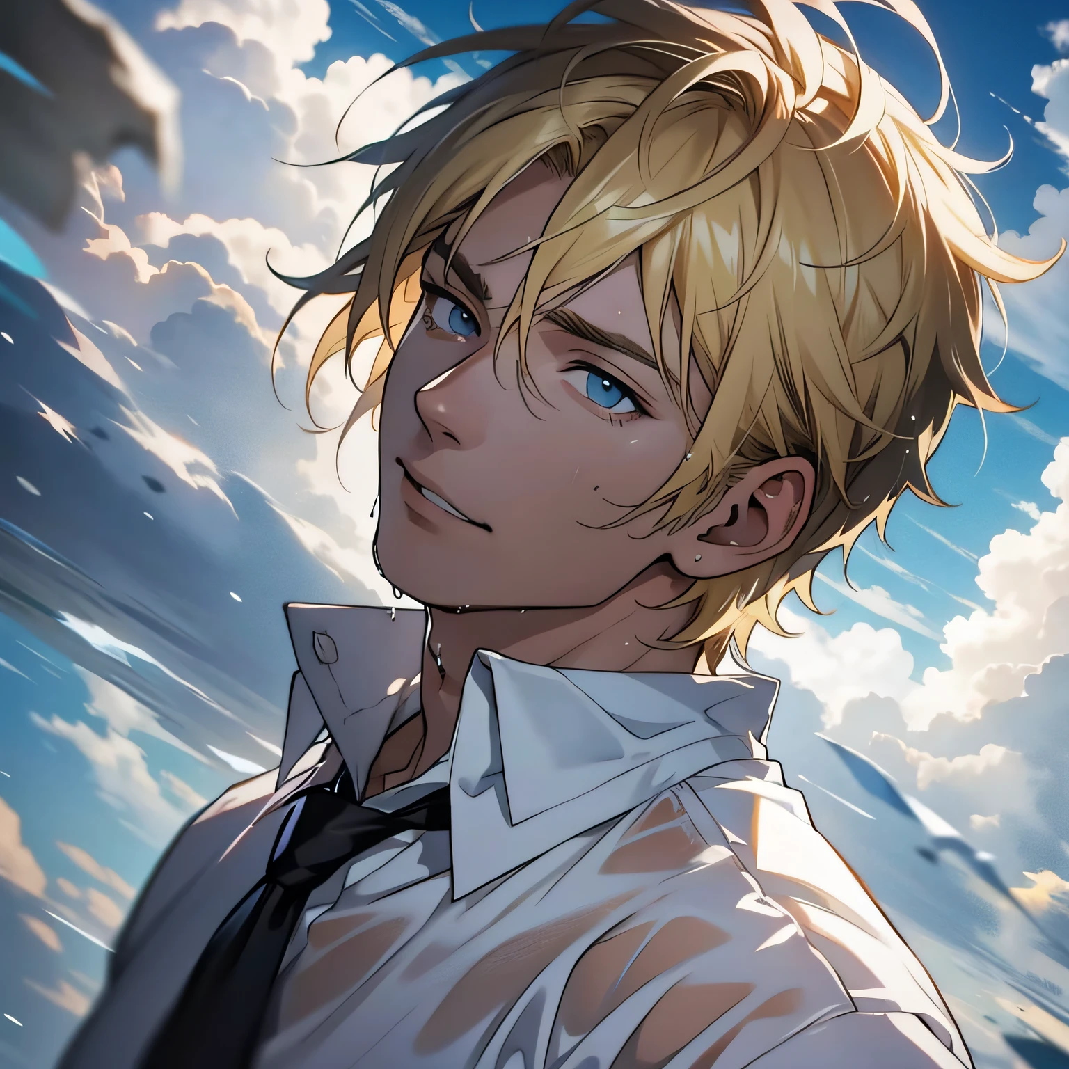 1 anime boy, short blonde hair, low angle, close-up, clouds, wet hair, wet shirt