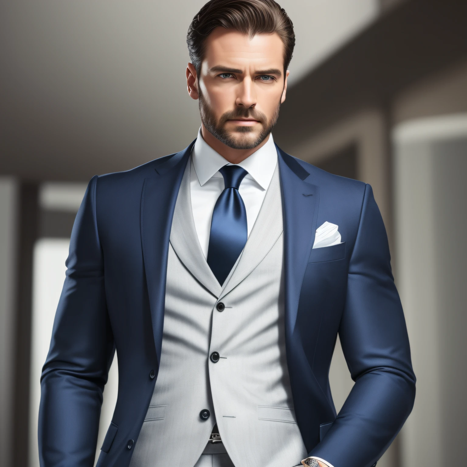 (create a ceo wearing dark blue suit without tie), (white with symmetrical model face), not wearing beard, short brown hair, stylish and elegant, shaved and strong body fitted in the suit, show body, similar man of 40 years, with some traces of the appearance of actor Brad Pit, (high quality and realistic image), black dark background, cinematic style, ((Best quality, 8k, Masterpiece). --auto --s2