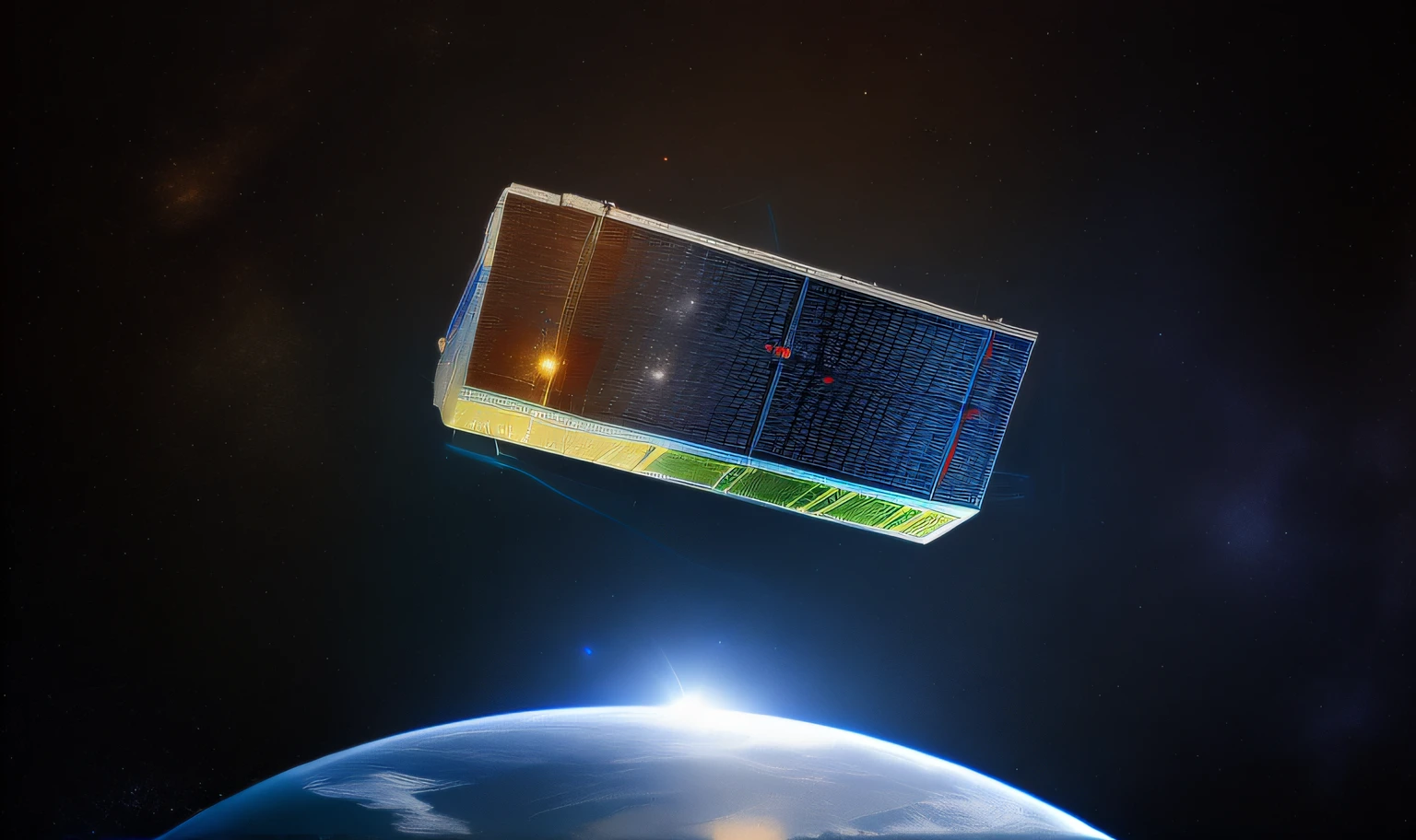 The cubesat spacecraft orbits the planet earth, while the starry sky and the sun are seen in the distance.