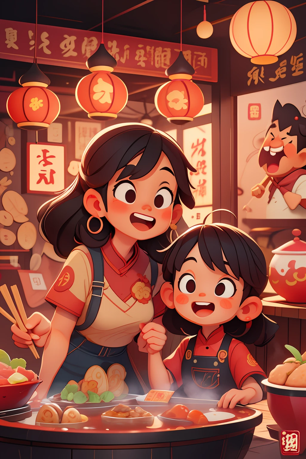 Chongqing old hot pot restaurant, modern hot pot, lively shop, 4 people eating hot pot, adults and children, a cute Chinese girl in cheongsam, China Hotel, red lantern, chopsticks, beef hot pot, portrait, black hair, (ball head), cartoon, Pixar style, 3D, cartoon, detailed face, full body