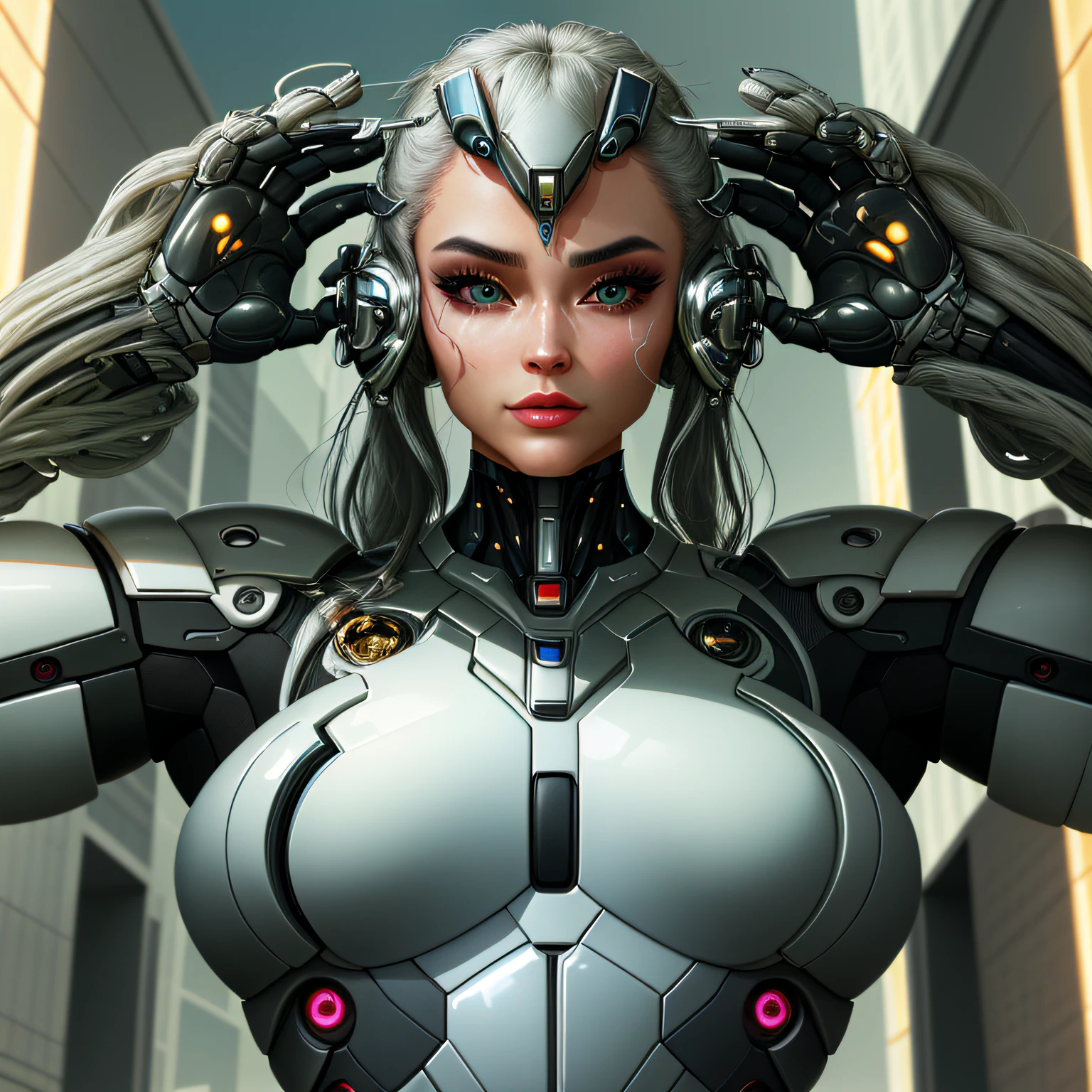 In a futuristic world where technology and biology merge, a stunning-looking and realistic cyborg stands out. With her polished metallic skin, biomechanical adornments and bright eyes, she embodies the harmony between human nature and technological ingenuity. The image captures her captivating expression, combining the strength of a cybernetic being with the elegance of a female figure. In the background, futuristic cityscapes echo its modern and dynamic essence, while reflections of light and shadows enhance every meticulously crafted detail. The high definition of the image allows you to explore the cyborg with clarity, revealing the complexities of the fusion between the organic and the mechanical, and leaving you in awe of the transcendental beauty of this entity of the future.