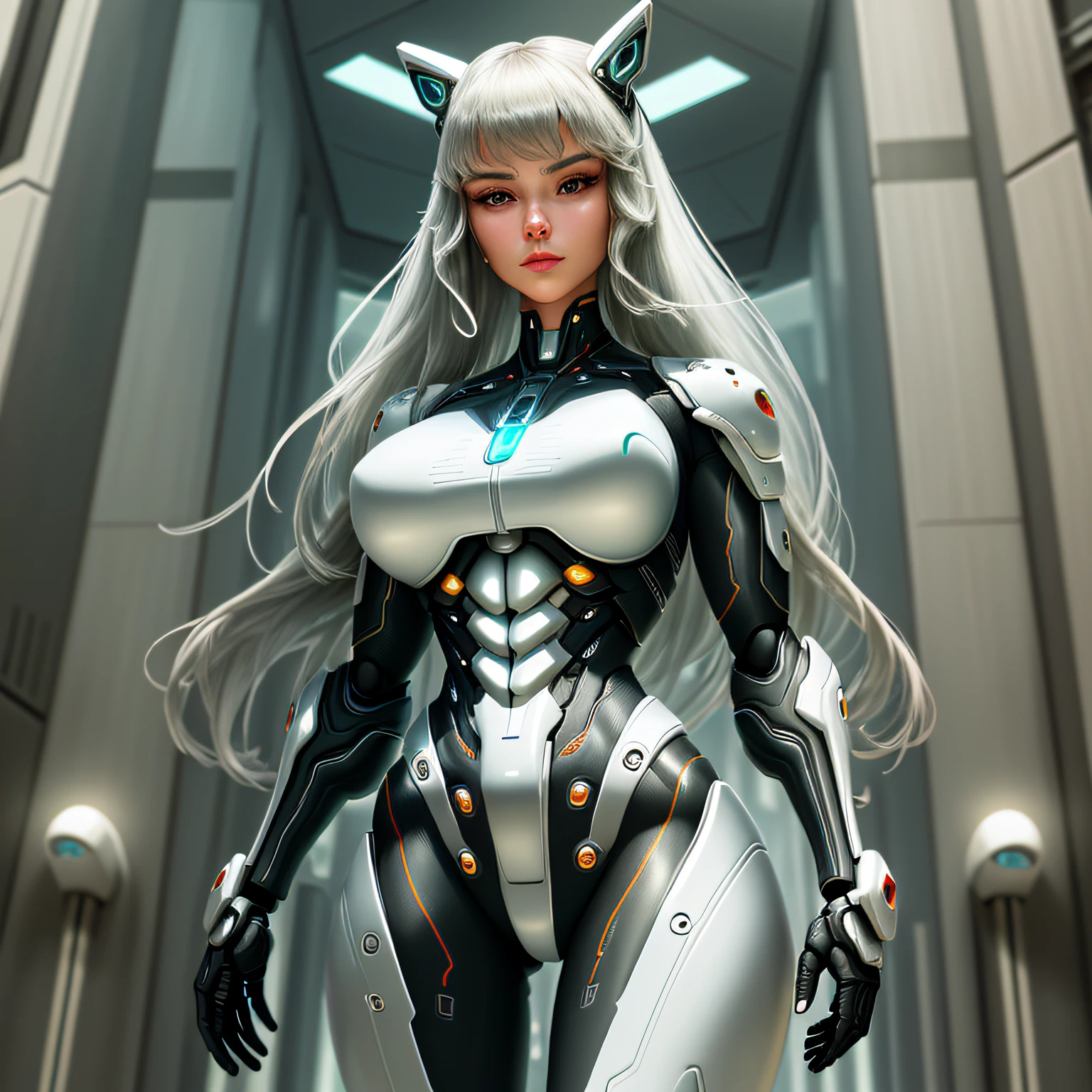 In a futuristic world where technology and biology merge, a stunning-looking and realistic cyborg stands out. With her polished metallic skin, biomechanical adornments and bright eyes, she embodies the harmony between human nature and technological ingenuity. The image captures her captivating expression, combining the strength of a cybernetic being with the elegance of a female figure. In the background, futuristic cityscapes echo its modern and dynamic essence, while reflections of light and shadows enhance every meticulously crafted detail. The high definition of the image allows you to explore the cyborg with clarity, revealing the complexities of the fusion between the organic and the mechanical, and leaving you in awe of the transcendental beauty of this entity of the future.