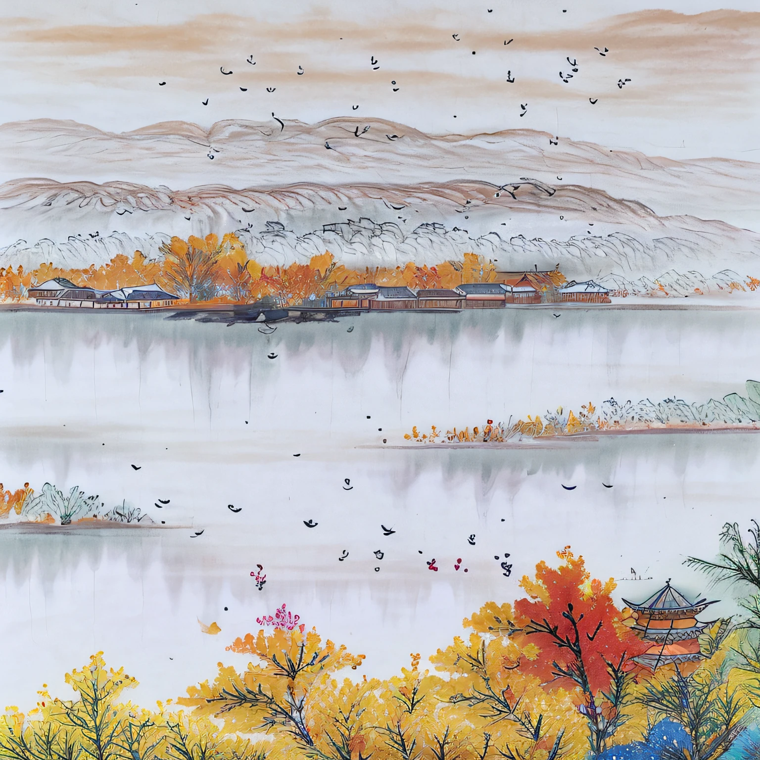 ((materpiece)), ((best quality)), ((high-res)), ((Ink wash)), ((artist)), ((extremely detail)), a Chinese tower, autumn, golden trees, autumn_leaves, birds Chinese painting, leaf, maple_leaf, mountain, lake, mountainous_horizon, no_humans, outdoor, landscape, sky, sunset, tree, zulishisong_style_willow_tree, blurred distant landscape, BATMAN