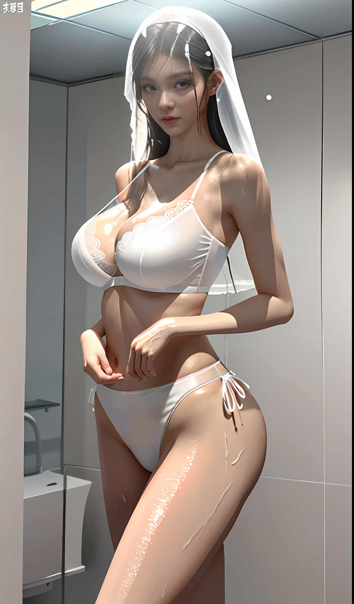 A beautiful lady, 180cm tall figure, thin waist, very round and huge breasts, wearing ultra-small white transparent bra and less cloth transparent thong, wet hair breast body and buttocks in the shower room, loose in morals to show off her perfect boob pygal body