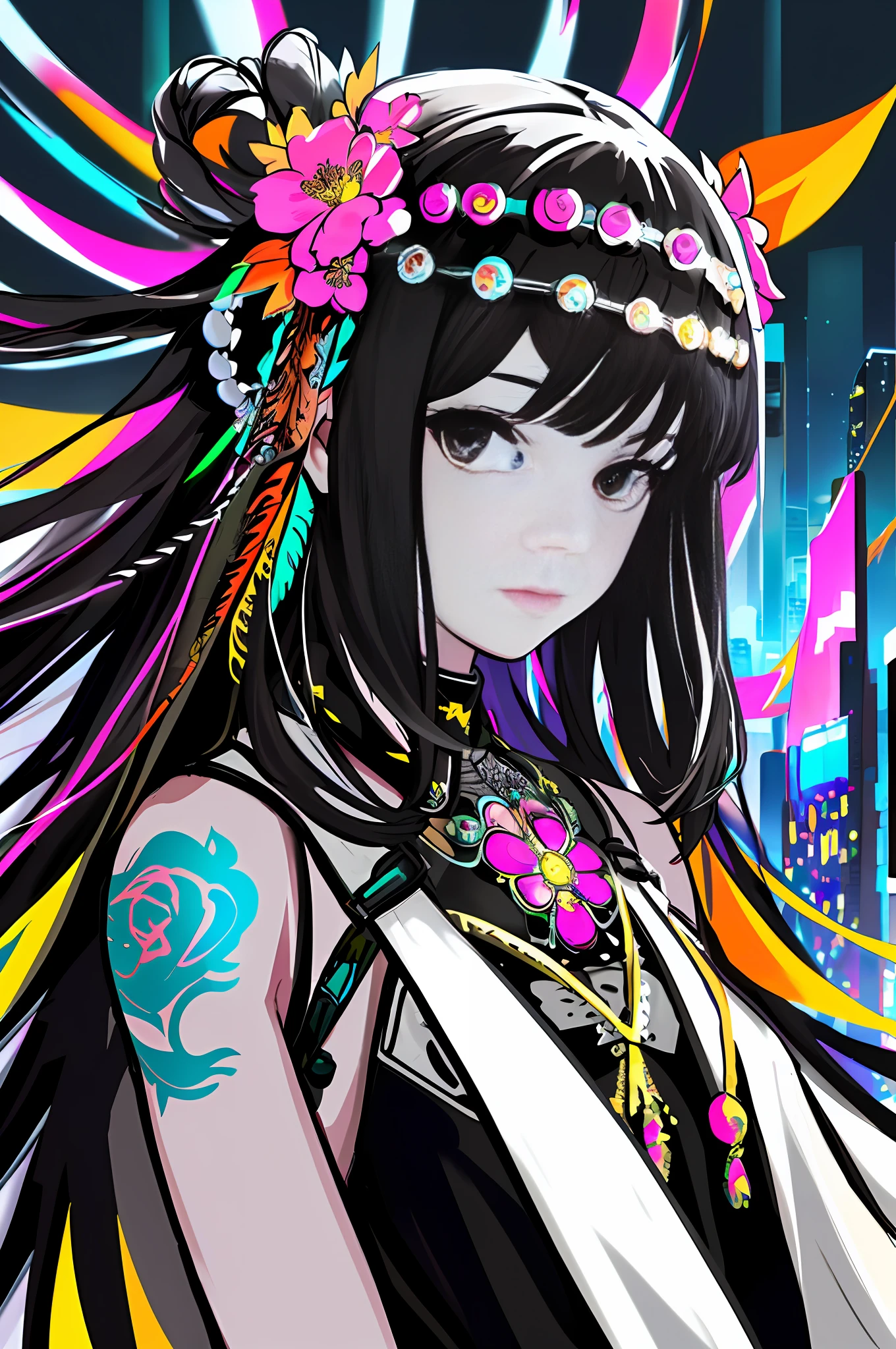 Masterpiece, highres, best quality, 1girl solo, cyberpunk headdress, delicate face, holding a bouquet of flowers, black eyes, all kinds of flowers, glowing headdress, (flat color: 1.3), (colorful: 1.3), (masterpiece: 1.2), bright colors, tattoos, background abstract rings