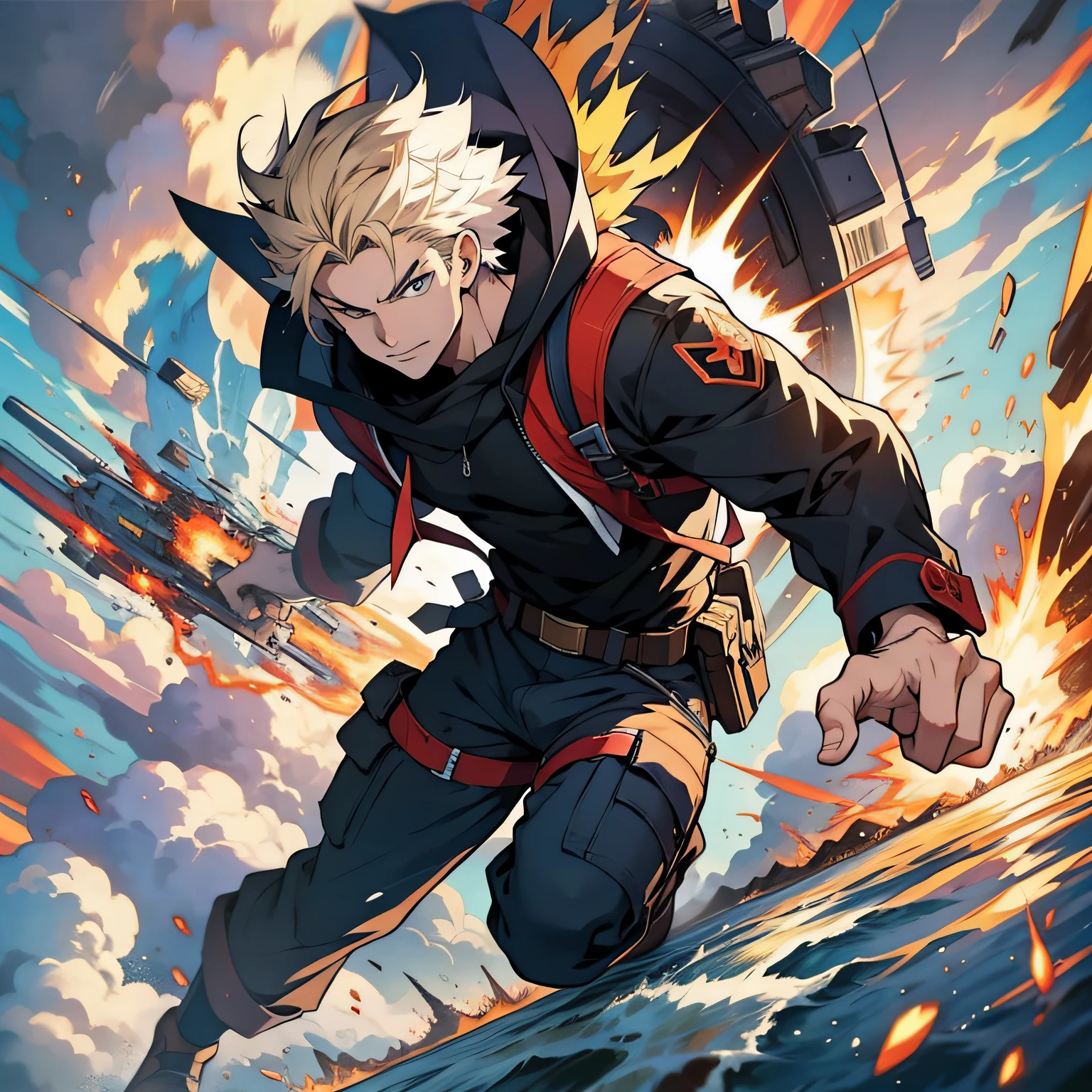 masterpiece, detailed illustration, Anime Boy, Explosion, dynamic, low angle