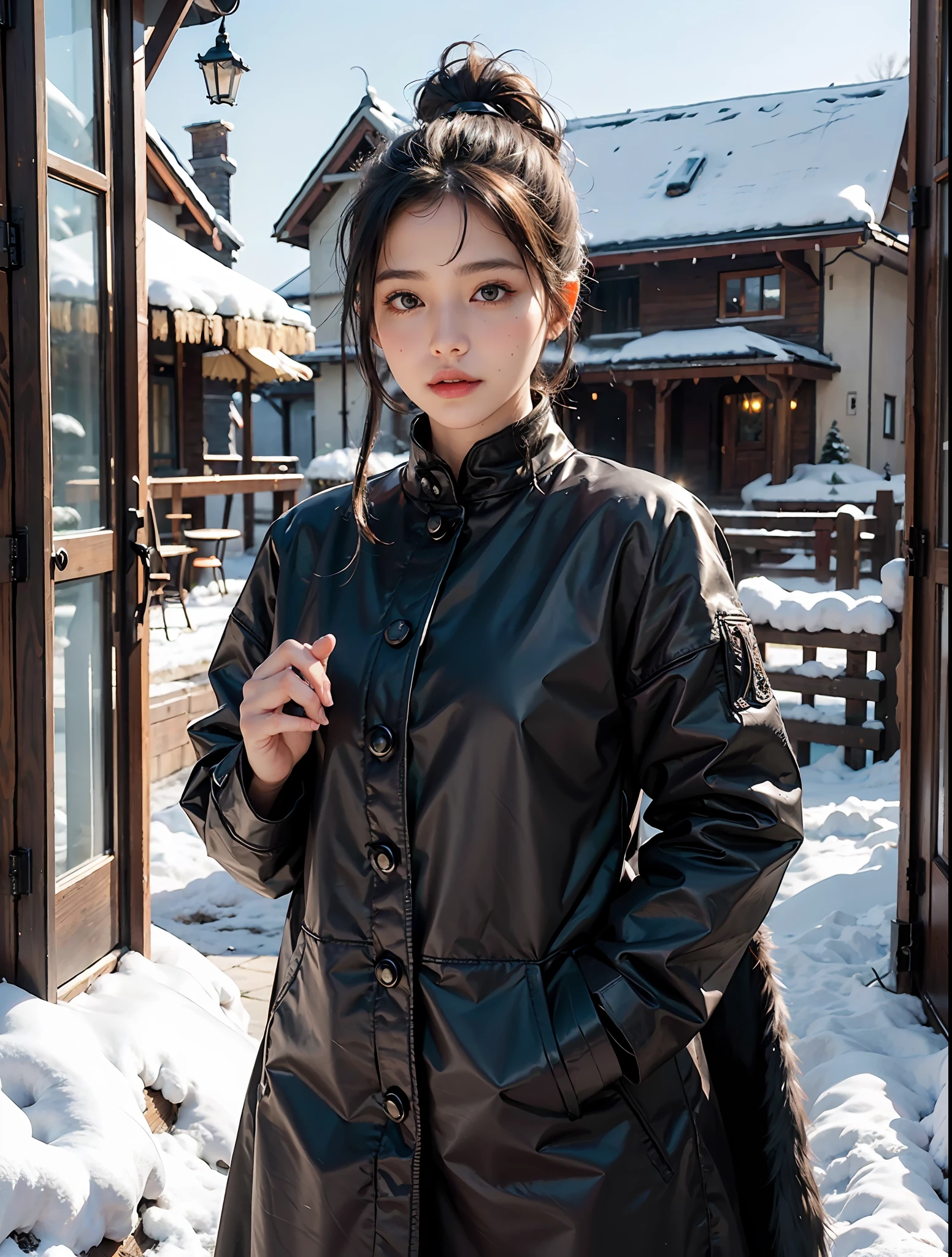Random posture, mix4,(8k, RAW photo, best quality, masterpiece:1.2), (realistic, photo-realistic:1.37), professional lighting, photon mapping, radiosity, physically-based rendering,, gradient black colour hair, ponytail curly hair, handsome, tomboy girl, warm thick coat,top quality picture, high resolution, 1080p, (clear face), (detailed facial description), (detailed hand description), (masterpiece), (exquisite CG), extreme light and shadow, ponytail hair, master's work, rich details, (fine facial features), (highest quality picture), (masterpiece), (detailed eyes),Look ahead with your eyes,Fine collarbone, warm cozy thick coat, out door, winter, snowy out side, large thigh,full body, boy style,(big ass),(((flat breast))),(small breast),fur coat, thế whole body covered in warm thick coat