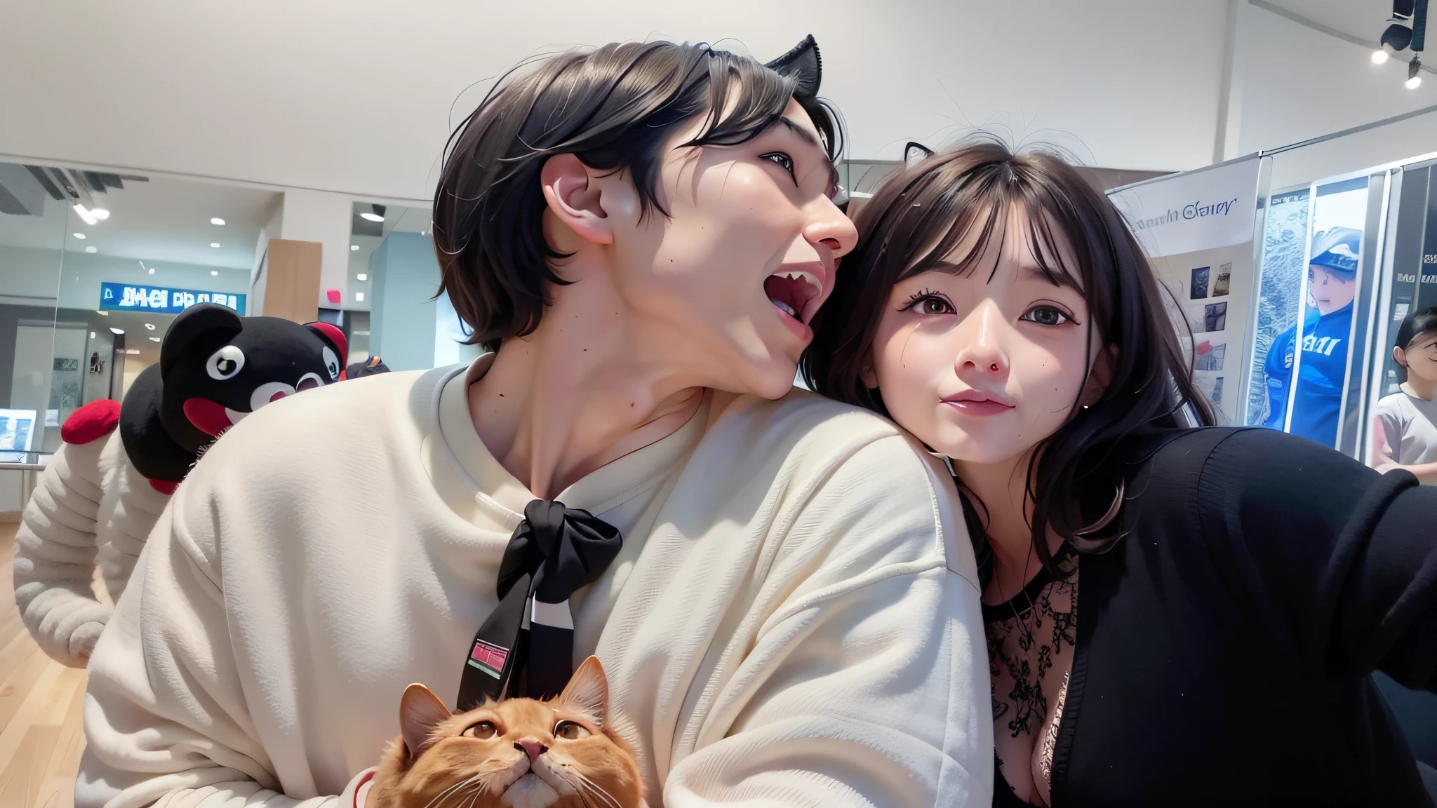 they are posing for a picture in a mall with a red cat, ruan jia and fenghua zhong, taken with sony alpha 9, very very low quality picture, korean artist, with her long, pixivs and junji ito, ruan jia and brom, yanjun chengt, taejune kim, ulzzang, omg, lovely couple