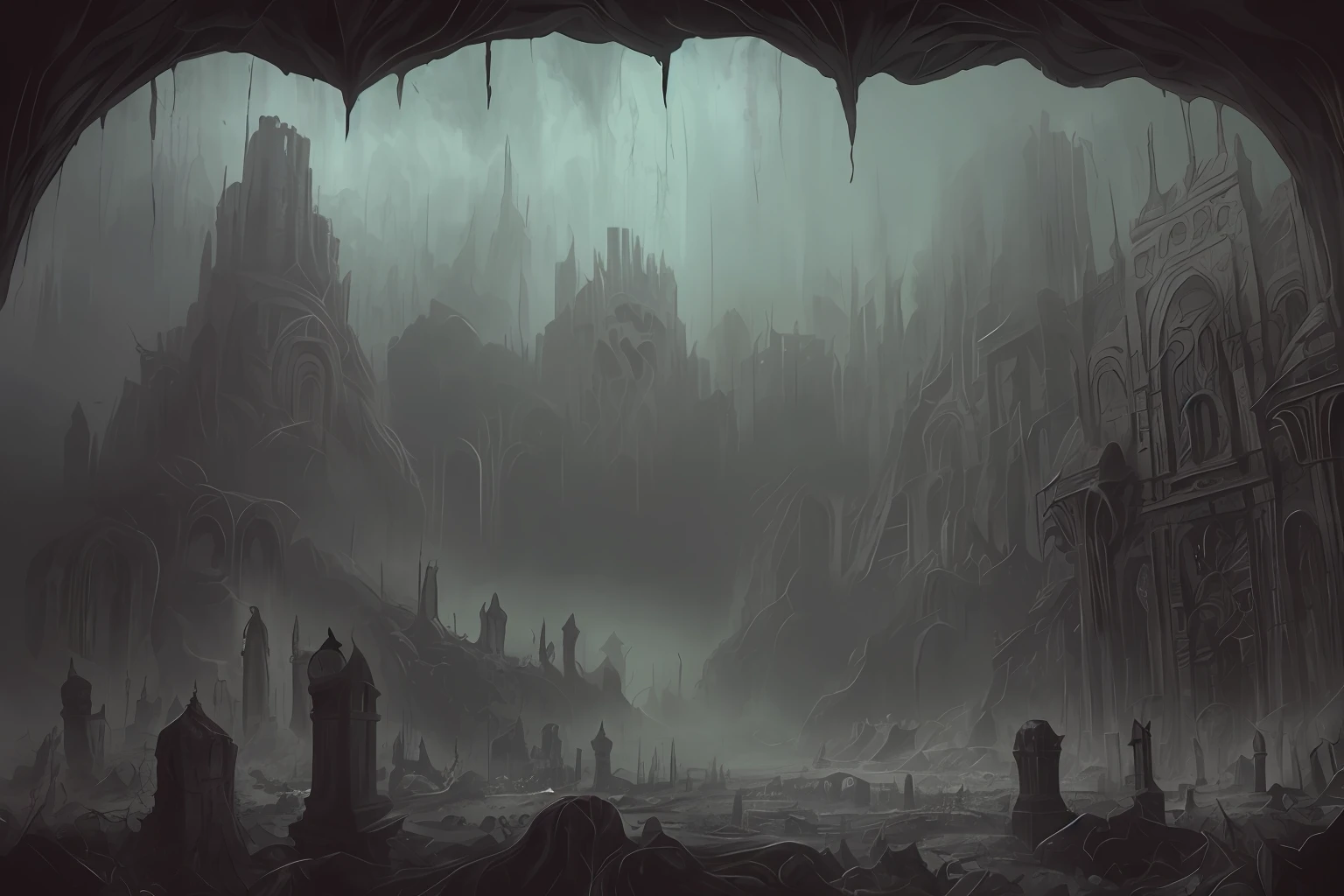 horror art inspired by Giger and Dan Seagrave, inside of dark valley with biomechanical monuments, black abyss, between polluted waterfall, ruins and an ancient cemetery as background, around Strong shadows, digital painting, horror art, devastated downtown as background, art by Vincent Locke