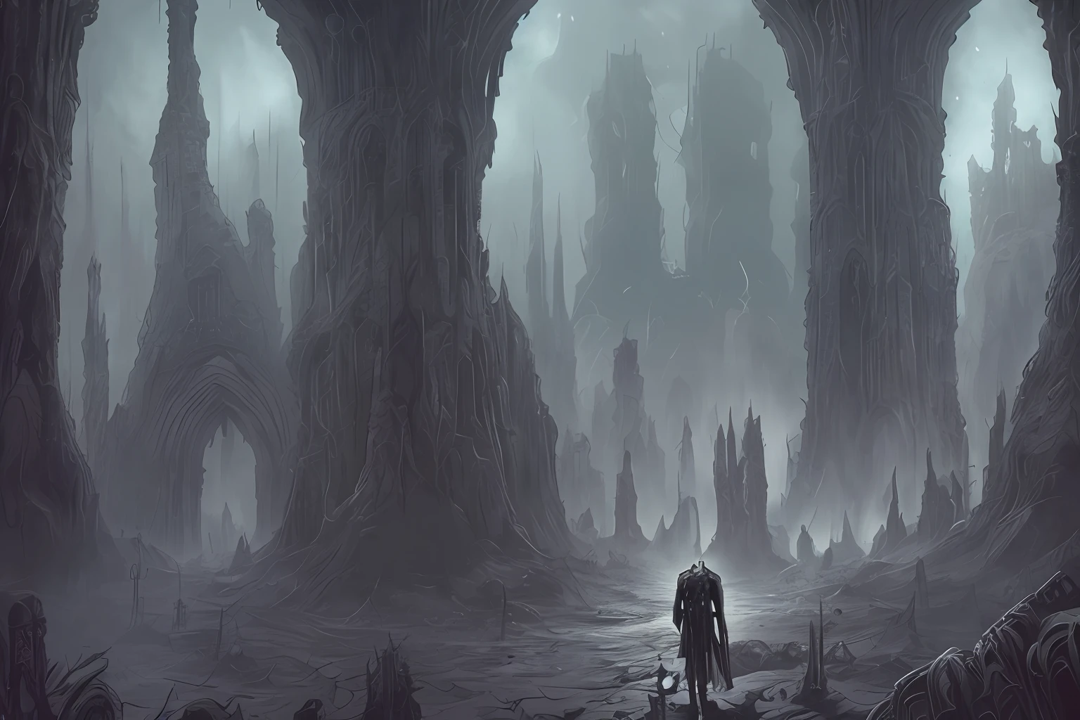 horror art inspired by Giger and Dan Seagrave, inside of dark valley with biomechanical monuments, black abyss, between polluted waterfall, ruins and an ancient cemetery as background, around Strong shadows, digital painting, horror art, devastated downtown as background, art by Vincent Locke